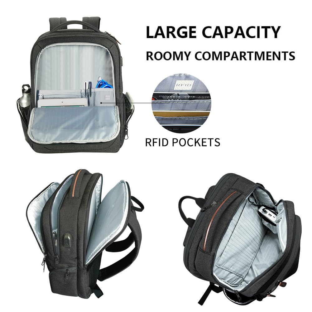 KROSER Laptop Backpack Large Computer Backpack for 15.6-17.3 Inch Laptop with USB Charging Port Water-Repellent School Travel Backpack Casual Daypack for Business/College/Women/Men-Charcoal Black