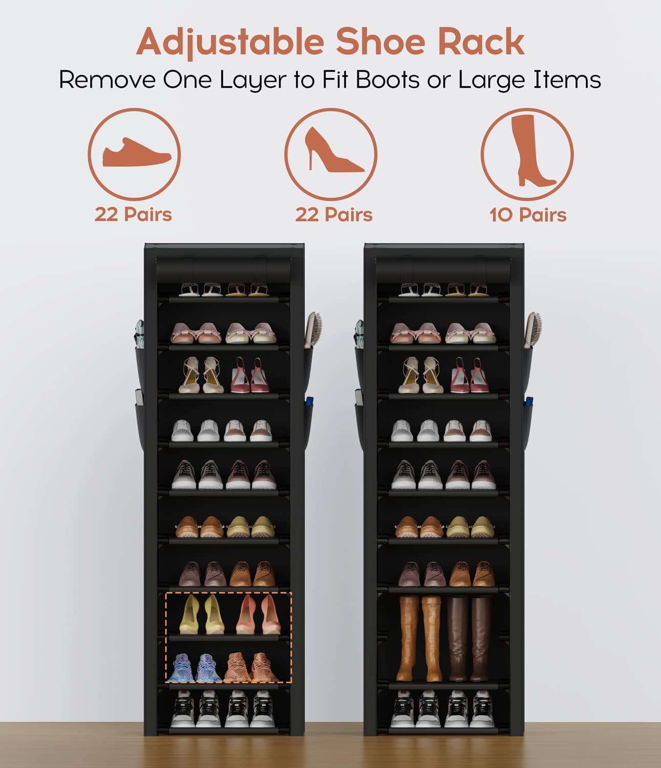 Oillase Vertical Narrow Shoe Rack Organizer Tall Shoe Rack for Closet Entryway 10 Tier Non-Woven Cover Shoe Shelf Holds 20-22 Pairs Free Standing Shoe Storage Cabinet with Dustproof Cover, Black