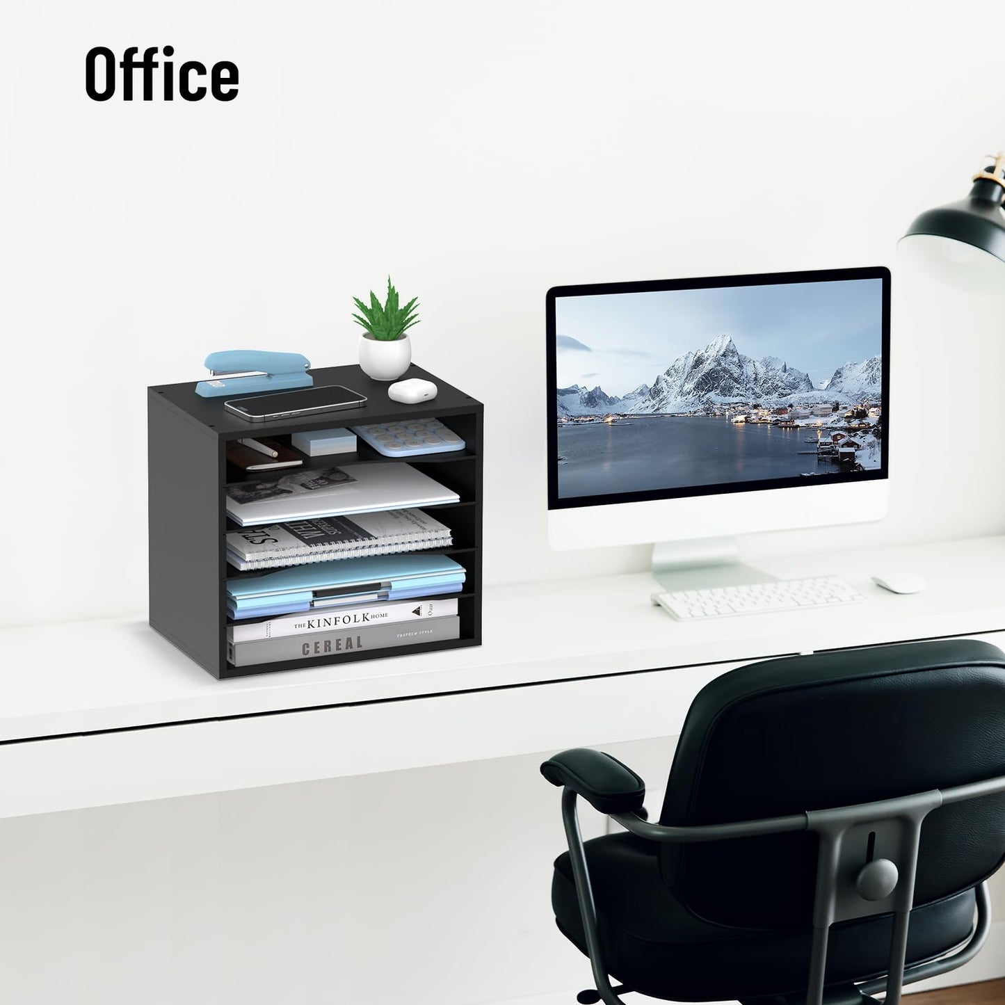 SHARKWOODS 5-Tier Wood Desk Organizer, Paper Sorter for Desktop with Adjustable Storage Shelves, Desktop Mail Holder for Office Home Classroom, Black