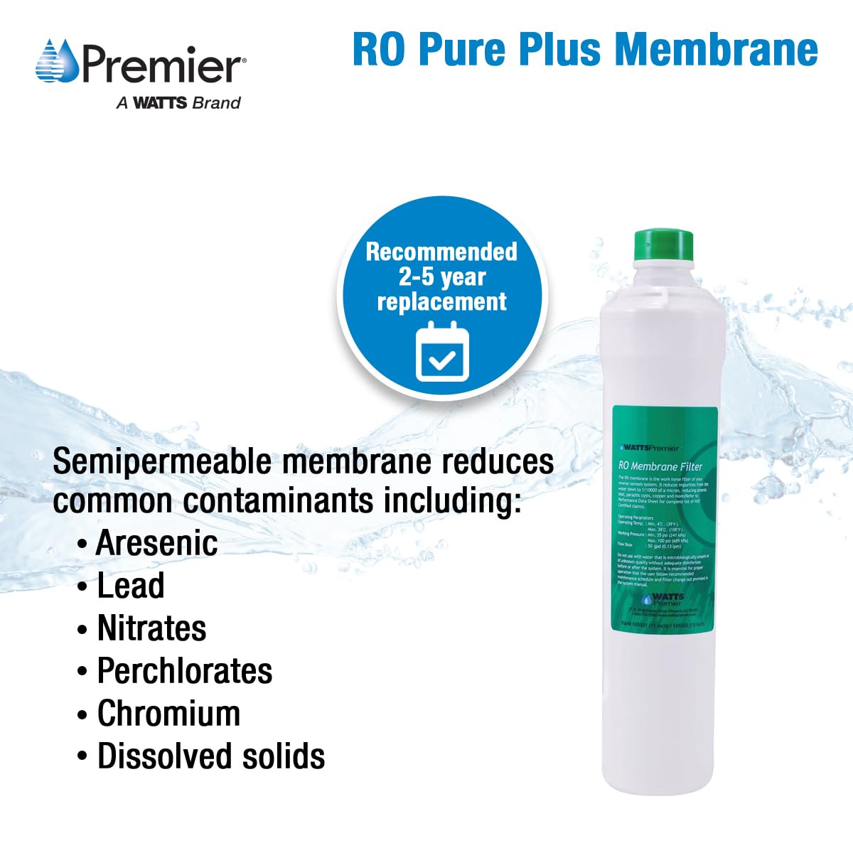 Original Watts Premier (105331) RO Pure (RO-4) Membrane - 11x3x3 inches, White/Green
