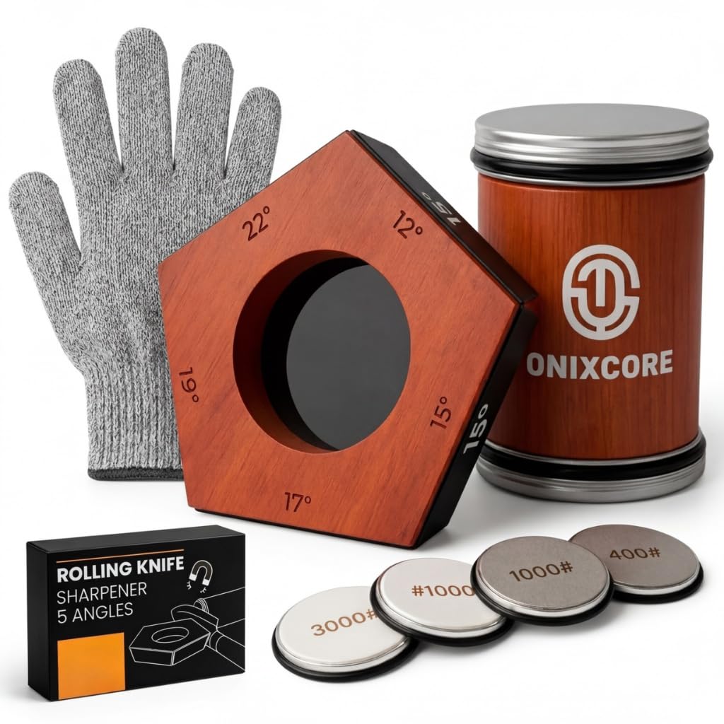 Onixcore Kitchen Knife Sharpening Kit - Rolling Knife Sharpener 5 Angles (12,15,17,19,22°) - 5 Sided Rolling Knife Sharpener with Replacement Discs and Gloves - Rolling Sharpener for Knives