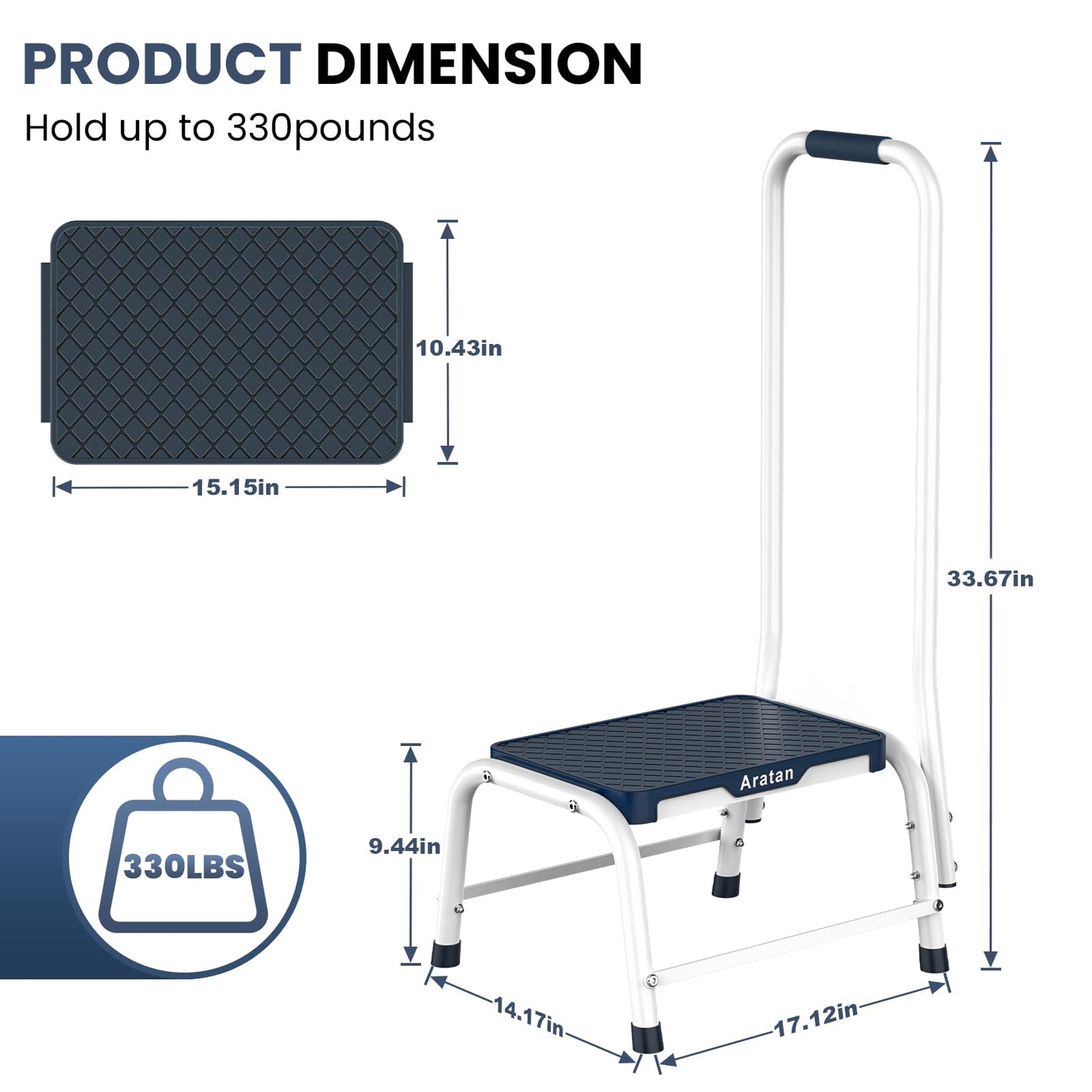 Step Stools with Handle, Stepping Stool for Adults Ederly Seniors Metal Stools with Handrail with Non-Slip Step Platform Metal Stepping Stool in Kitchen, Bathroom, Bedroom, 330 Lbs Capacity