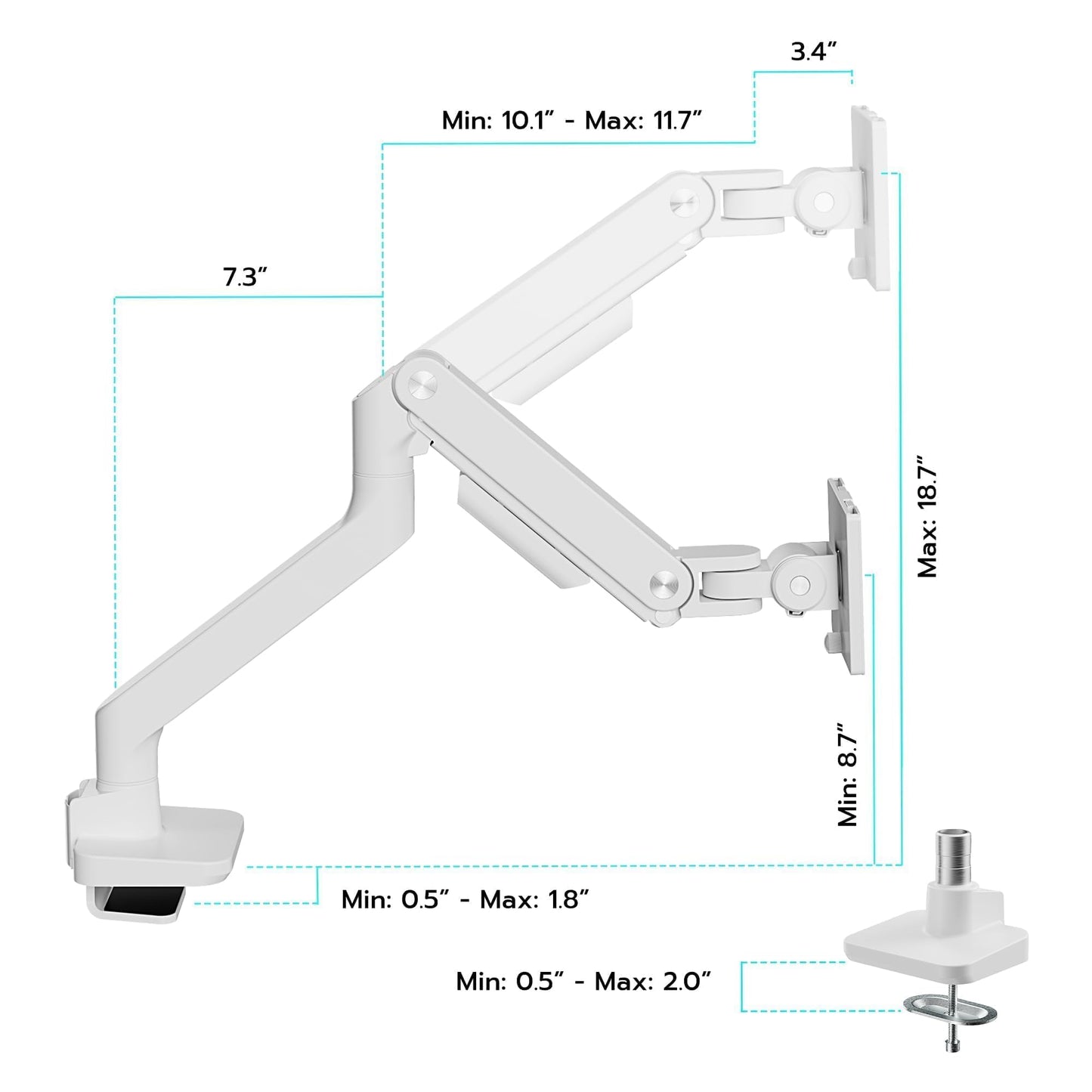 ARES WING Ultrawide Monitor Arm for 17 to 49 Inch Heavy Duty Curved Screen, Holds 44 Lbs, Adjustable Gas Spring Monitor Arm Desk Mount with C Clamp, Grommet Base, 75/100 Vesa Mount, White