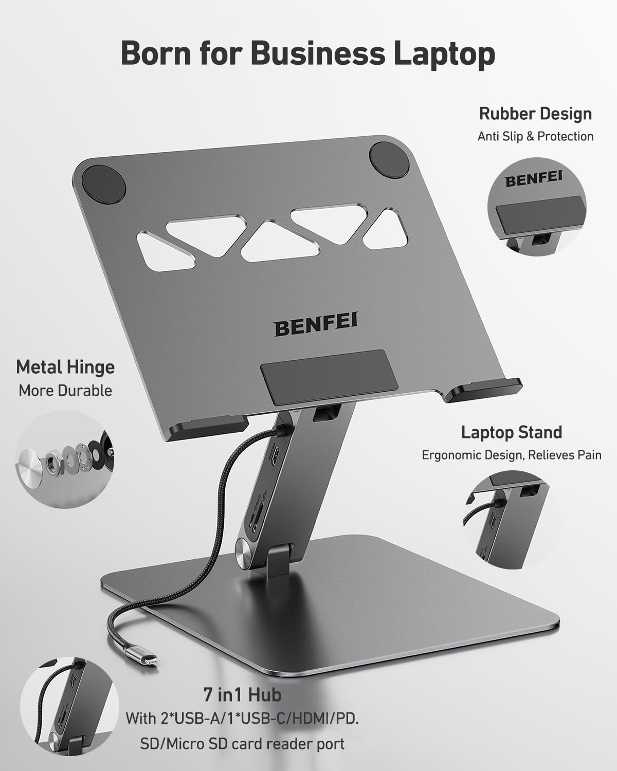 BENFEI Laptop Stand with USB C 7in1 Docking Station,HDMI 4K@60Hz,1*SD 1*Micro SD,100W Power Delivery,10Gbps 1*USB C 3.2 and 2*USB A 3.2 Compatible with MacBook Pro/Air, iPad Pro, XPS, Thinkpad