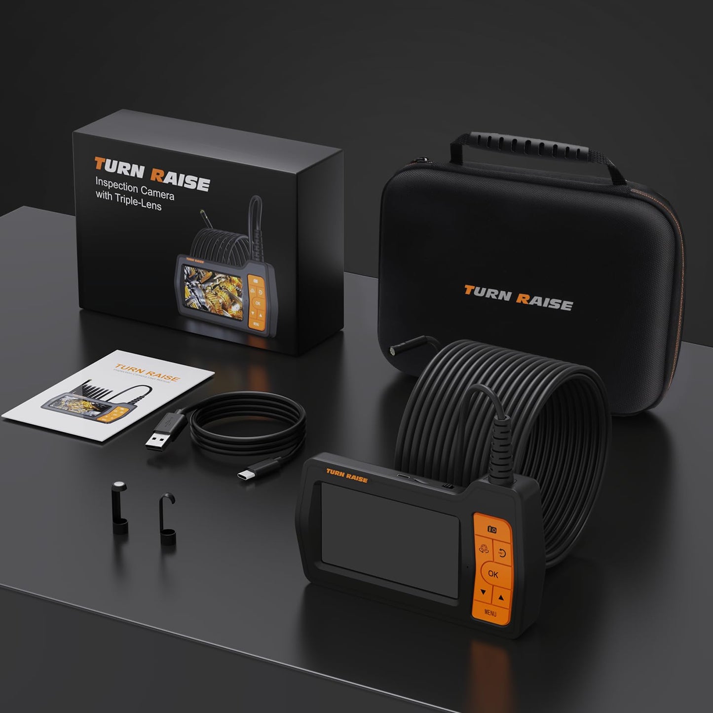 Triple-Lens Borescope Inspection Camera With 50 FT Semi-Rigid Cable, 5" IPS Screen Endoscope With Light, 1080P Sewer IP67 Drain Snake, 32G Storage Card, Carrying Case