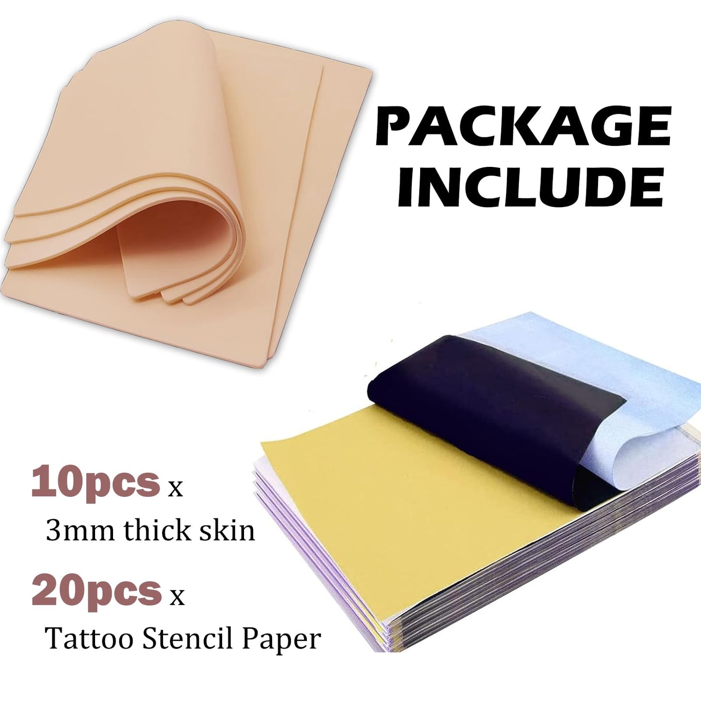 30Pcs Tattoo Skin 3MM with Transfer Paper Kit- Urknall 10pcs Fake Skin with 20pcs Stencil Paper Blank Tattoo Practice Skin Double Sides Fake Skin for Tattoo Beginners and Artists Tattoo Supplies