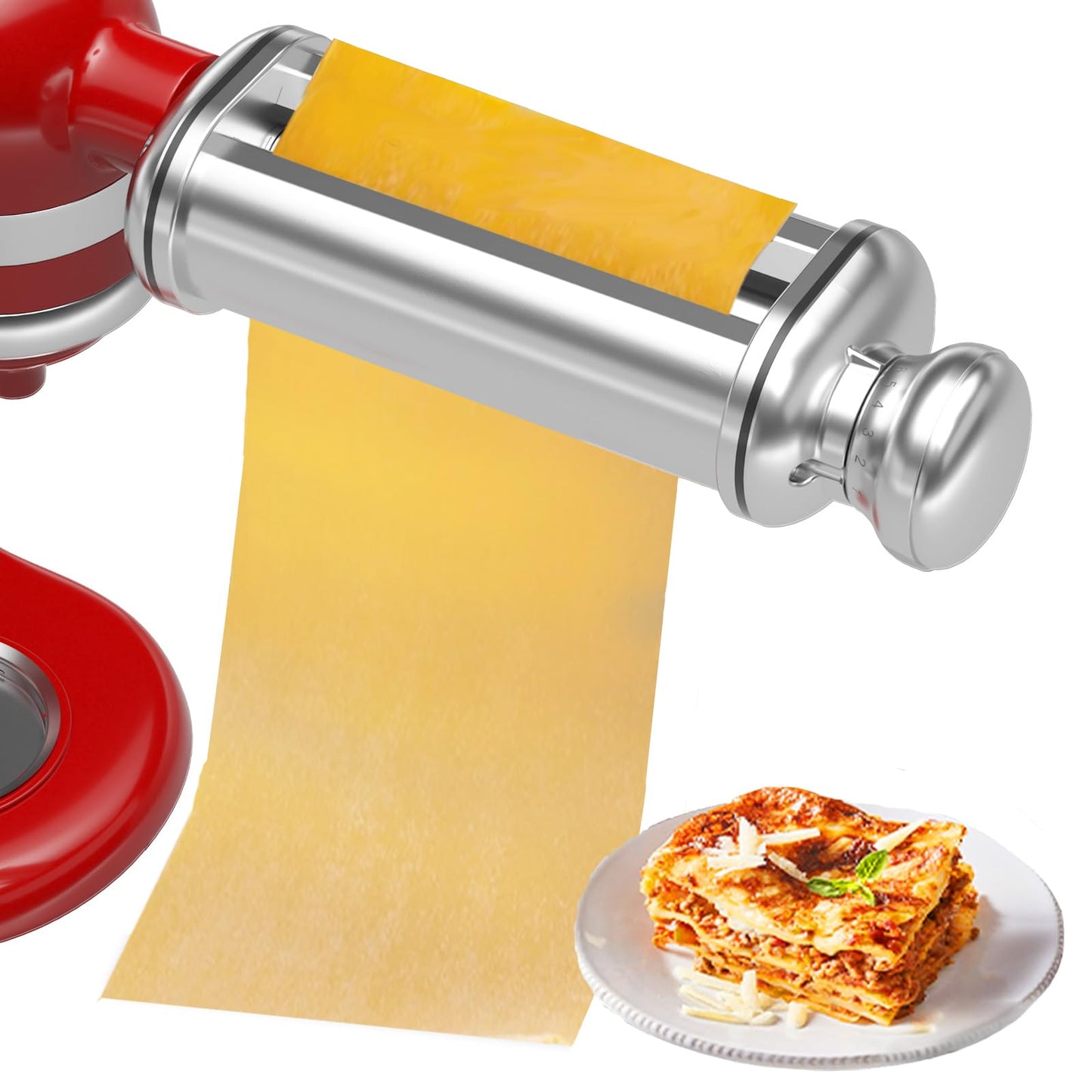Pasta Roller Attachment for all KitchenAid Standing Mixers, Pasta Maker for Kitchen Aid Accessories and Attachments, Noodle Dough Sheet Roller with 8 Different Thickness Knob, Stainless Steel