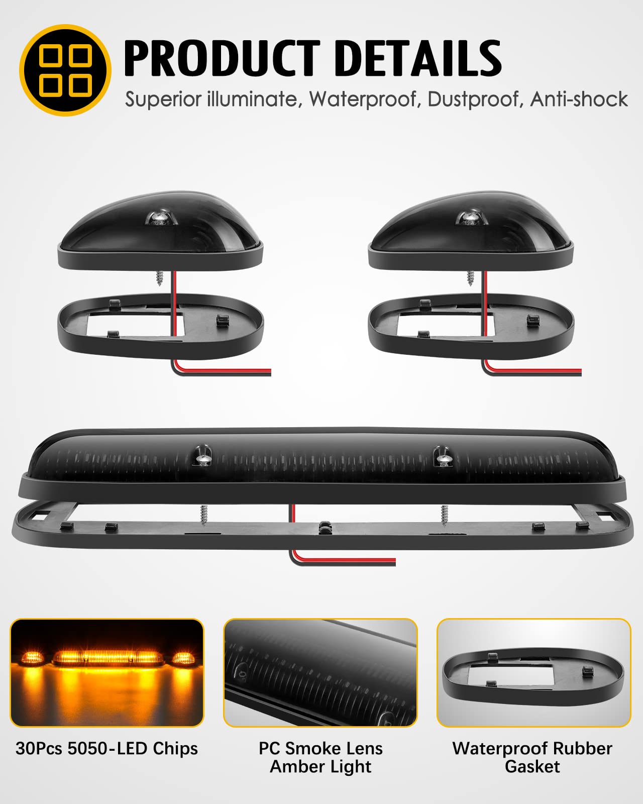 Partsam 3PCS 30LED Cab Marker Roof Running Lights Assembly Compatible with Silverado/Sierra 1500 1500HD 2500 2500HD 3500 2002-2007 Trucks Lights + Wiring Pack