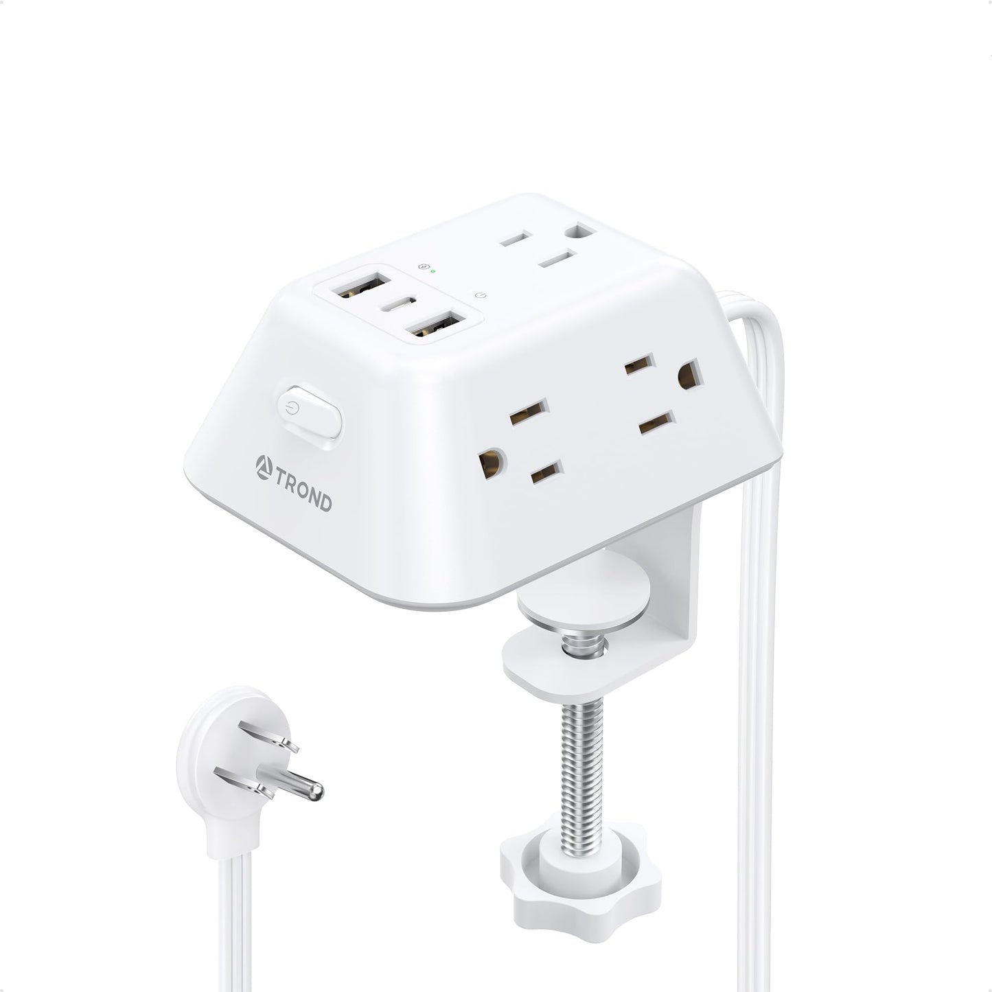 TROND Desk Clamp Power Bar Surge Protector with USB C Ports, Power Strip Charging Station with 5 Outlets, 6ft Slim Flat Plug Extension Cord Indoor, Fit 1.97" Tabletop Edge for Home Office Dorm, White