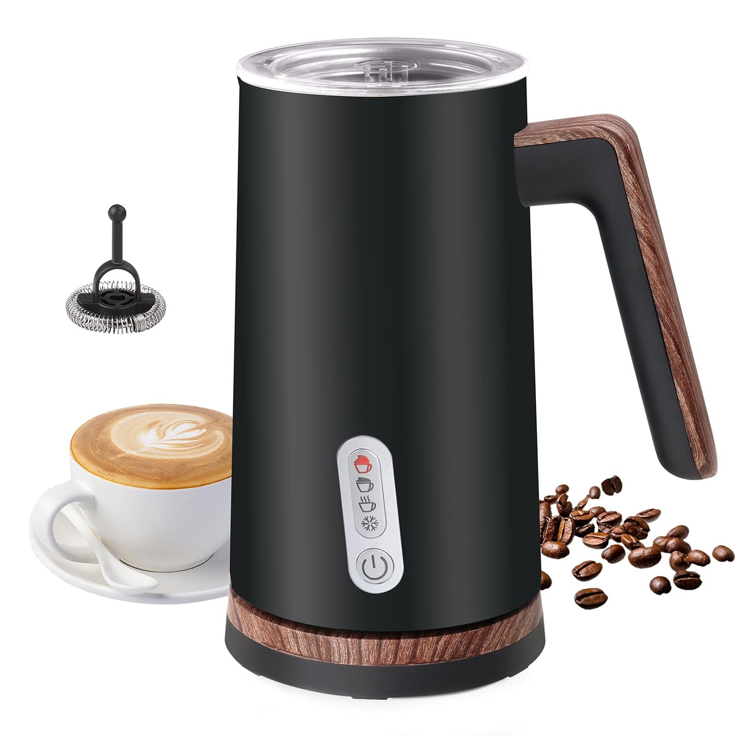 Electric Milk Frother and Steamer, 4-in-1 Milk Steamer with Wood Elements Design, Automatic Hot & Cold Foam Maker for Latte, Cappuccinos, Macchiato, Milk Warmer (Black)
