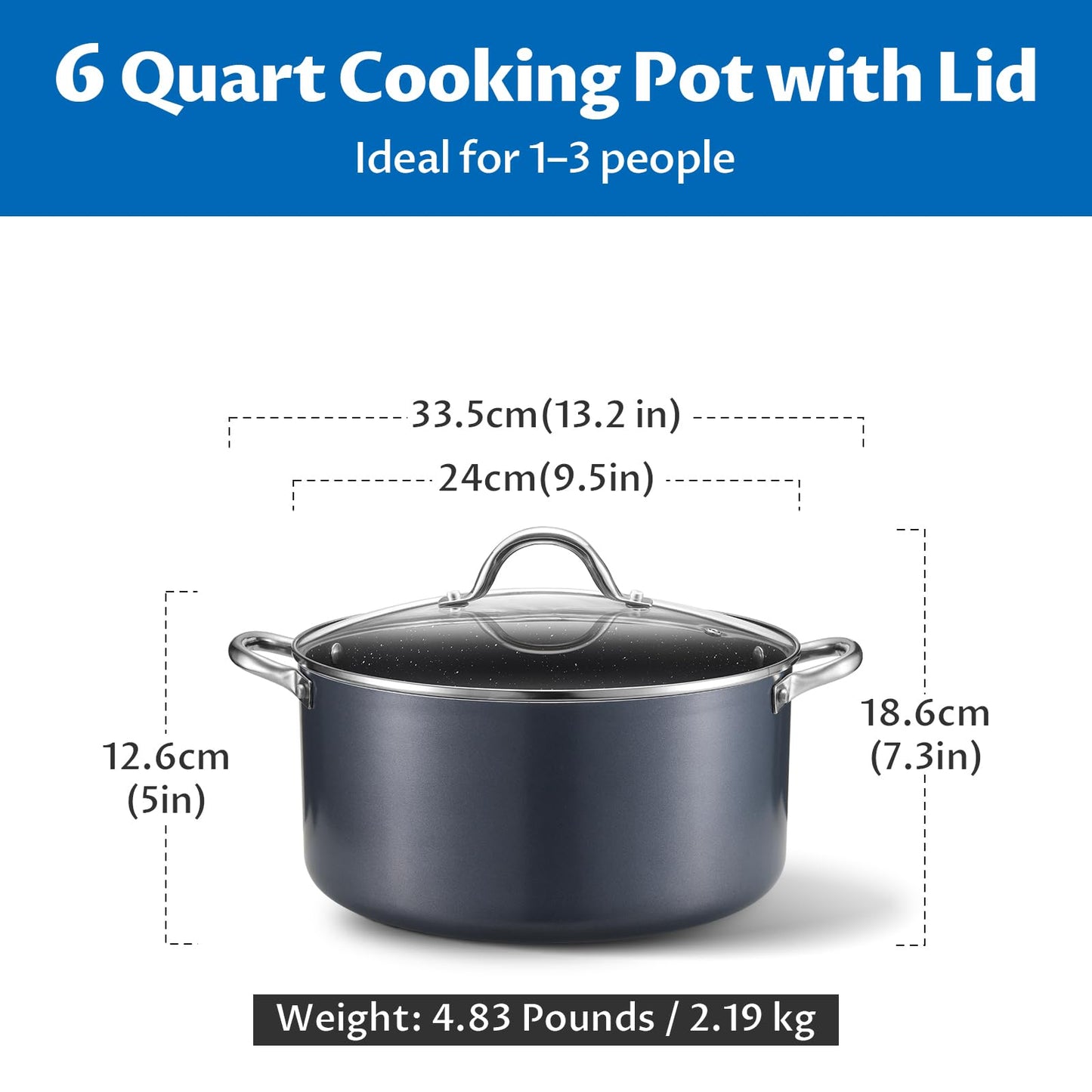 BEZIA 6 Quart Cooking Pot, Non Stick Induction Stock Pots with Lid, All Stove Compatible, 6 QT Aluminum Soup/Stew Pot for Small Households, Grey