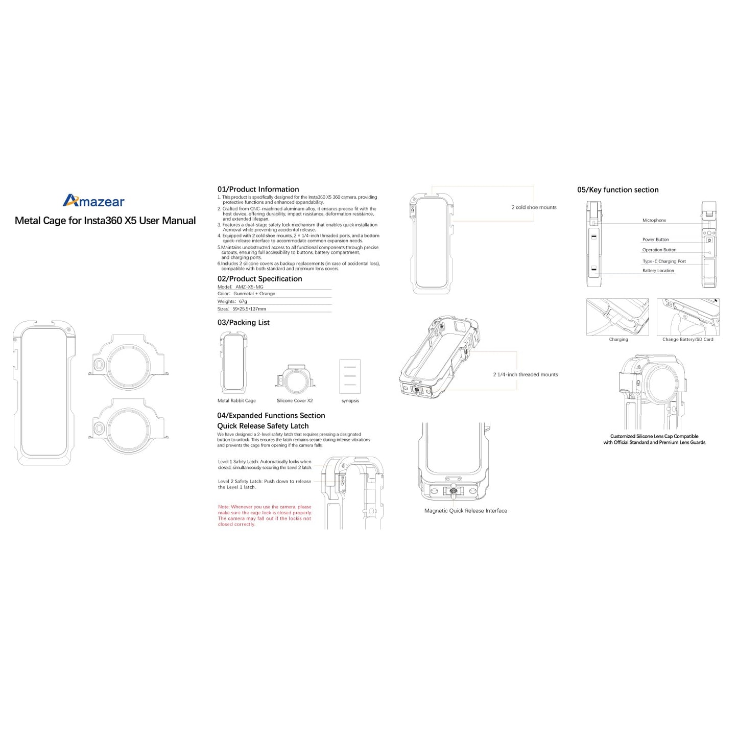 Amazear Metal Protective Case for Insta360 X5 Accessories, Insta 360 X5 Multifunction Utility Frame Stronger Construction Aluminum Cage with Quick-Release Lock, Various Expansion Mounts