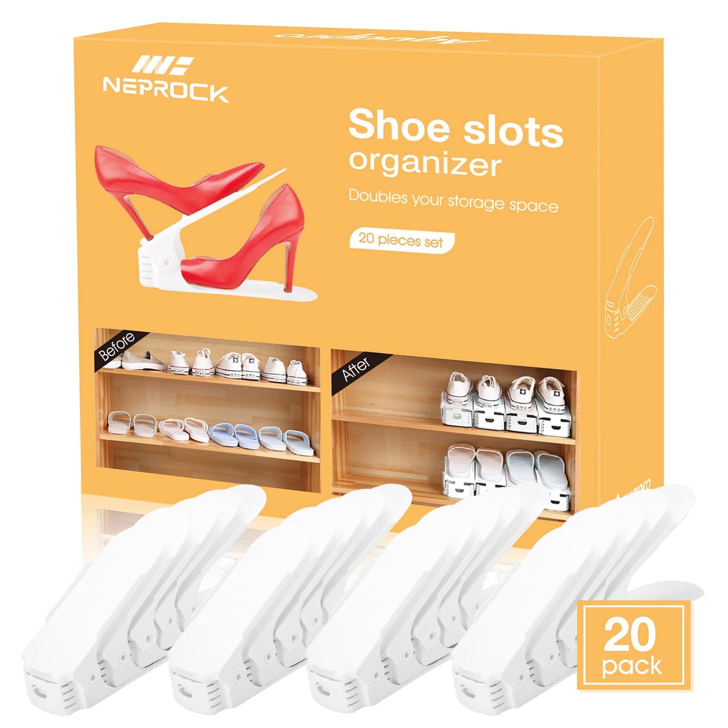 Shoe Slots Organizer 20 Pack, Adjustable Shoe Storage Organizer Shoe Stand Space Saver, Double Deck Closet Shoe Rack Holder for Organization, Rangement Chaussures (White)