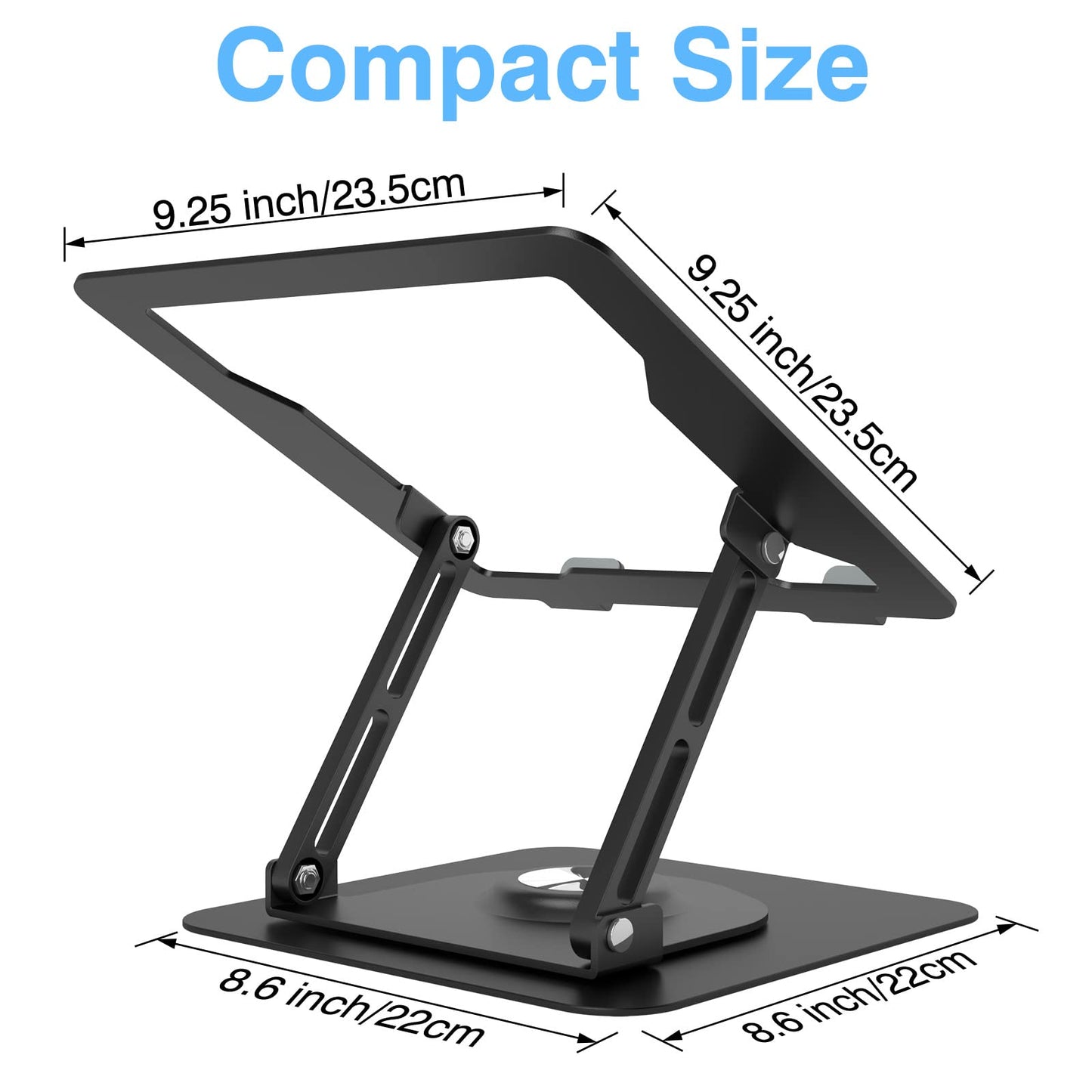 Swivel Laptop Stand for Desk, Adjustable Height Aluminum Computer Stand with 360 Rotating Base, Foldable Ergonomic Riser, Portable Laptop Holder Compatible with MacBook, All Laptops 10-17'', Black
