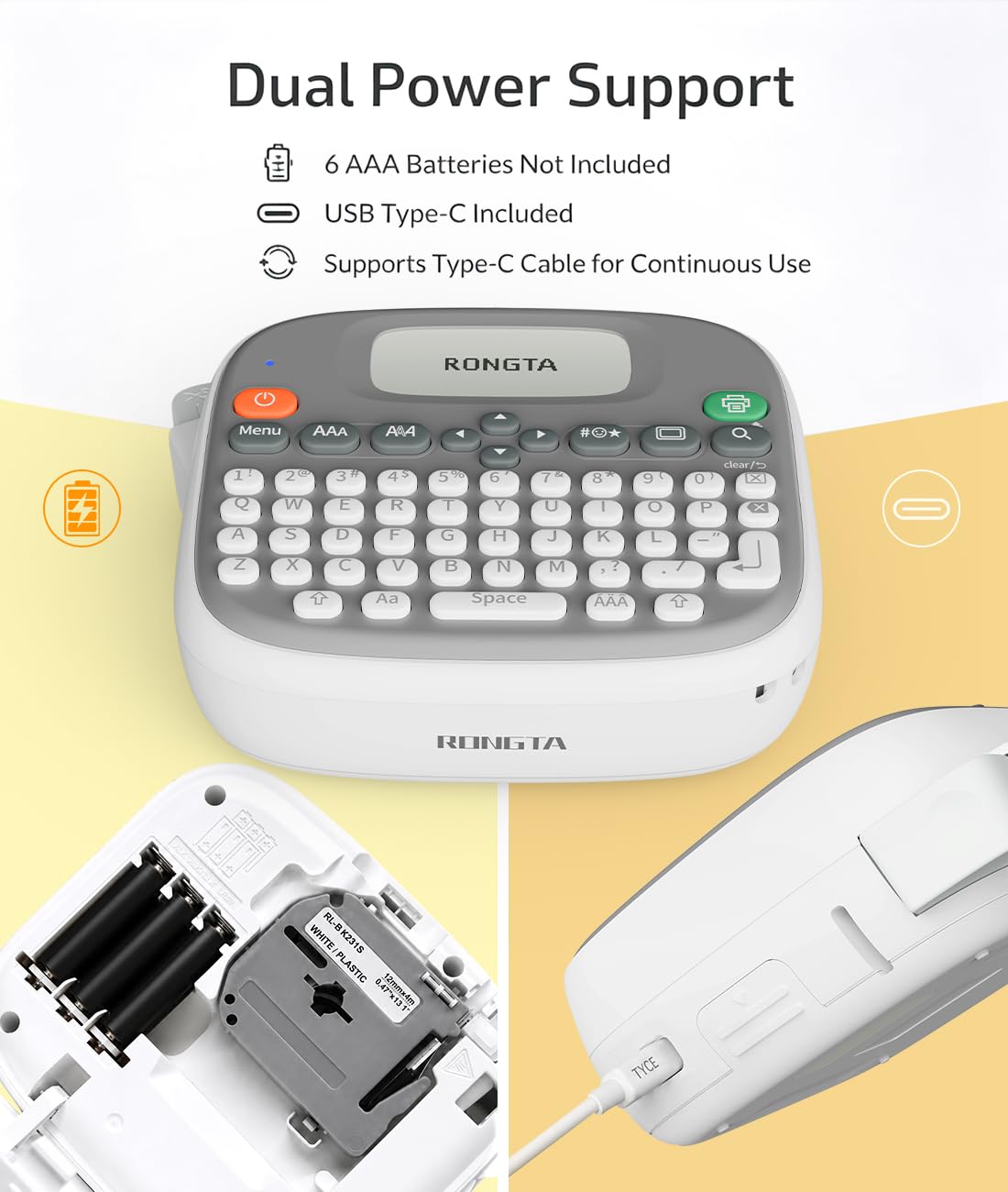 Rongta Label Maker Machine with Tape, Bluetooth Label Waterproof Labels, TM95 12mm Portable Labeling Maker Home Organization for Office School Teacher Supplier (Label Maker with 1 Tape, White)