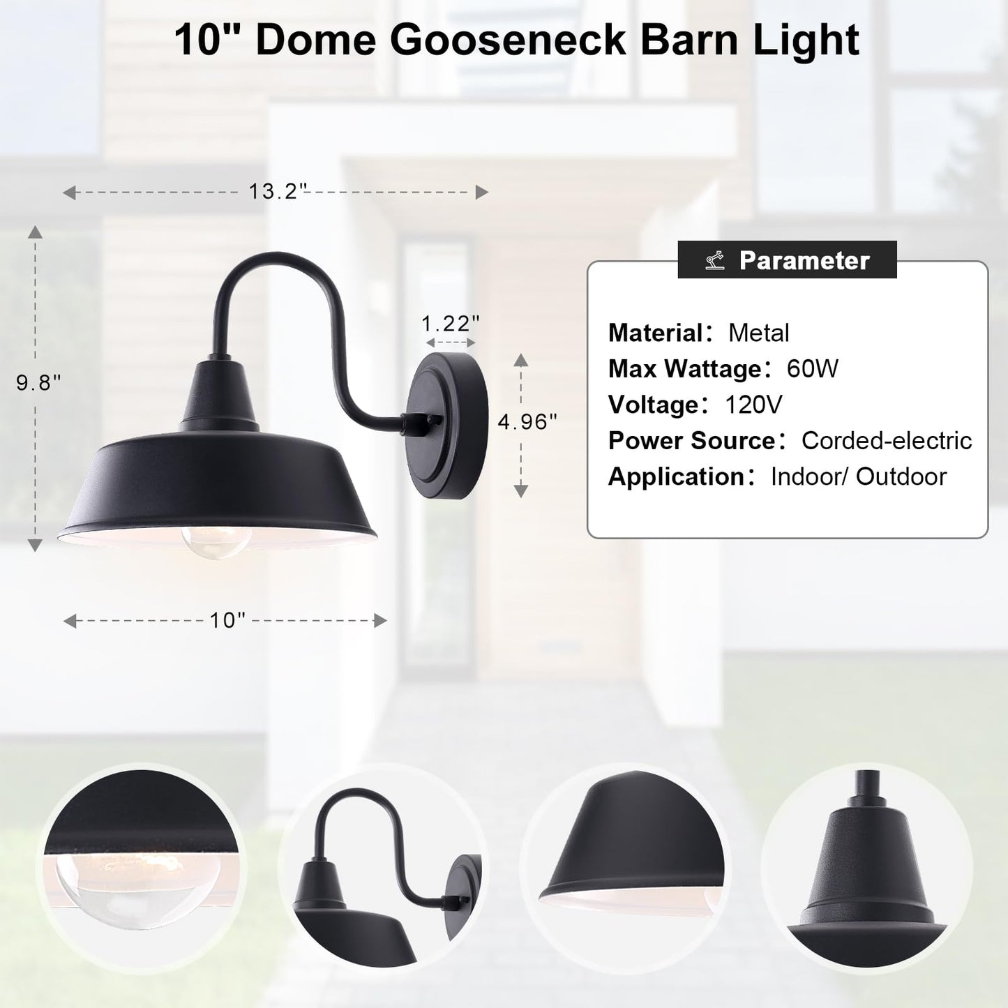 GOALPLUS Matte Black Outdoor Gooseneck Barn Light for Porch, 10 Inch Dome Farmhouse Exterior Wall Lighting with Wall Mount, Outside Wall Sconce Light Fixture for House Porch Garage