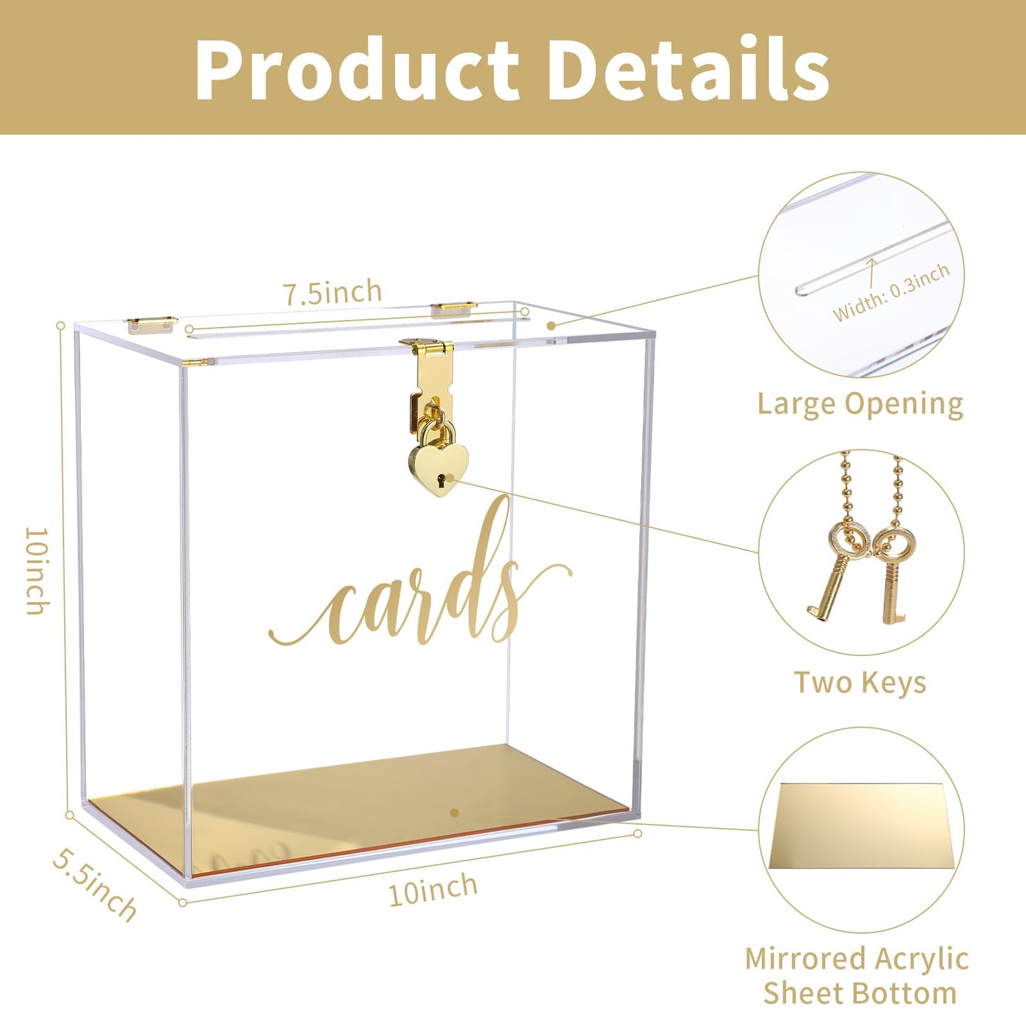 UNIQOOO Clear Acrylic Card Box w/Lock, Thick Wedding Box w/Slot Gold Foil Print, Large 10x10x5.5 in, for Reception Decoration Fundraiser Money Box Election Ballot Graduation Keepsake Party Favor
