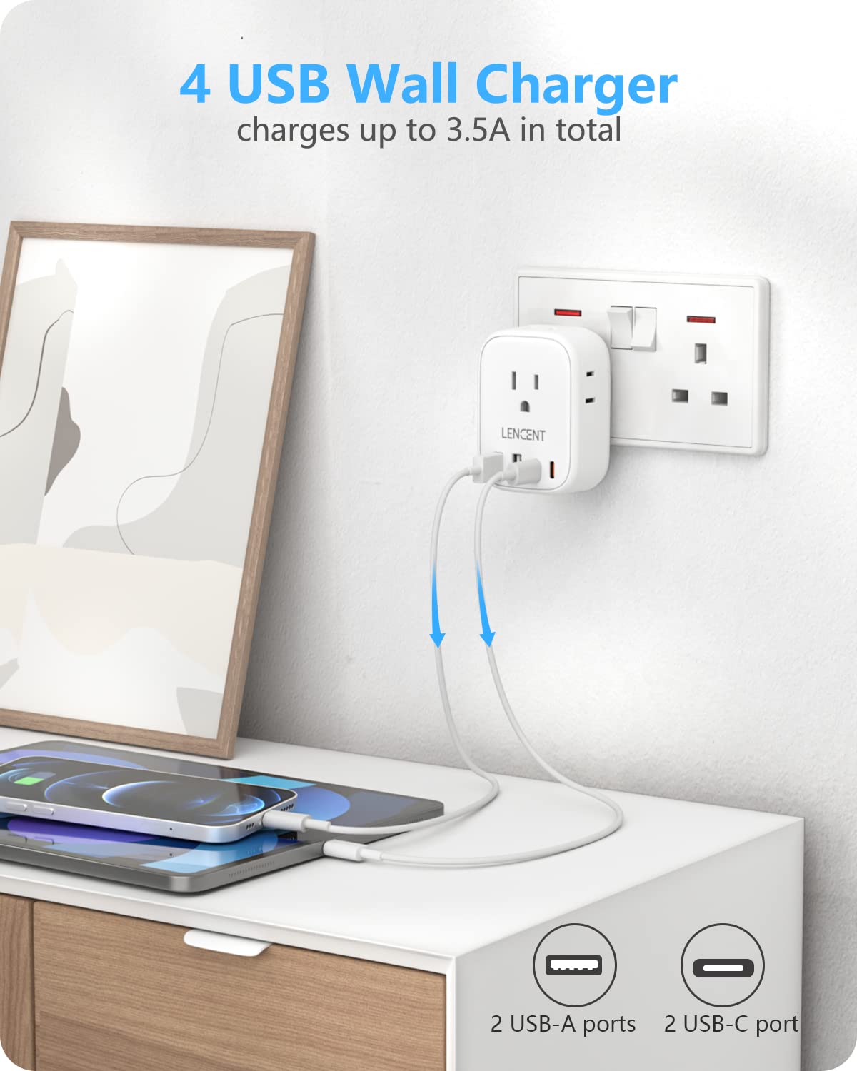2 Pack Canada to UK Plug Adapter, LENCENT Type G Travel Adapter with 4 USB Charger(2 USB C), 4 Outlets Converter,8 in 1 Ireland Plug Adaptor for US CA to Dubai Scotland British England Hong Kong