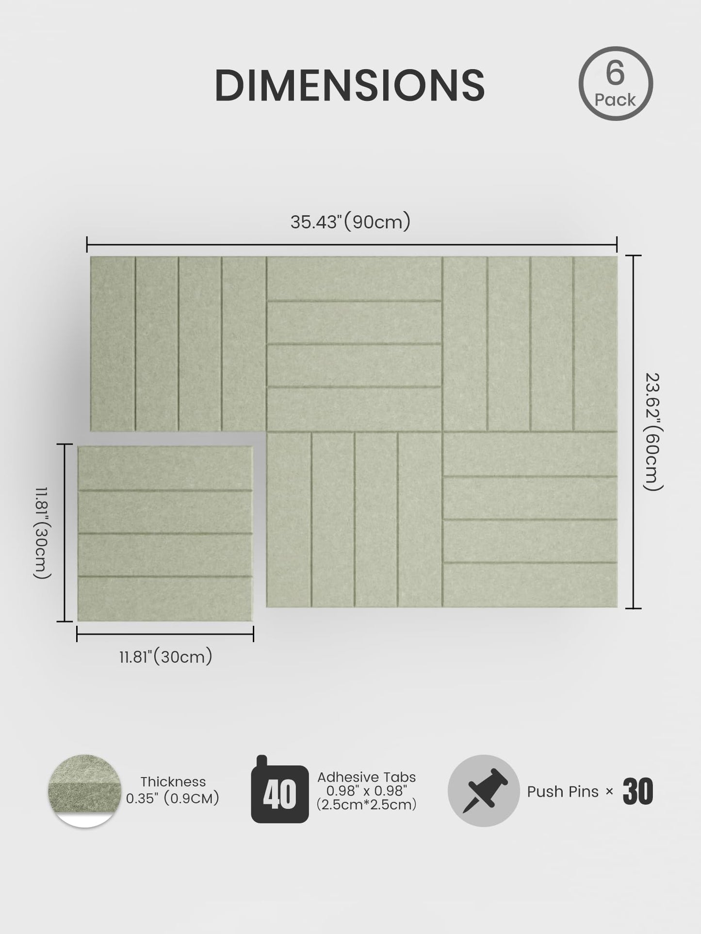 Bumusty Large Felt Bulletin Board, Cork Board Alternative, 6-Pack Bold Stripe Felt Wall Tiles with 30 Push Pins and 40 Adhesive Tabs, Ideal for Office, Home & Classroom, Sage