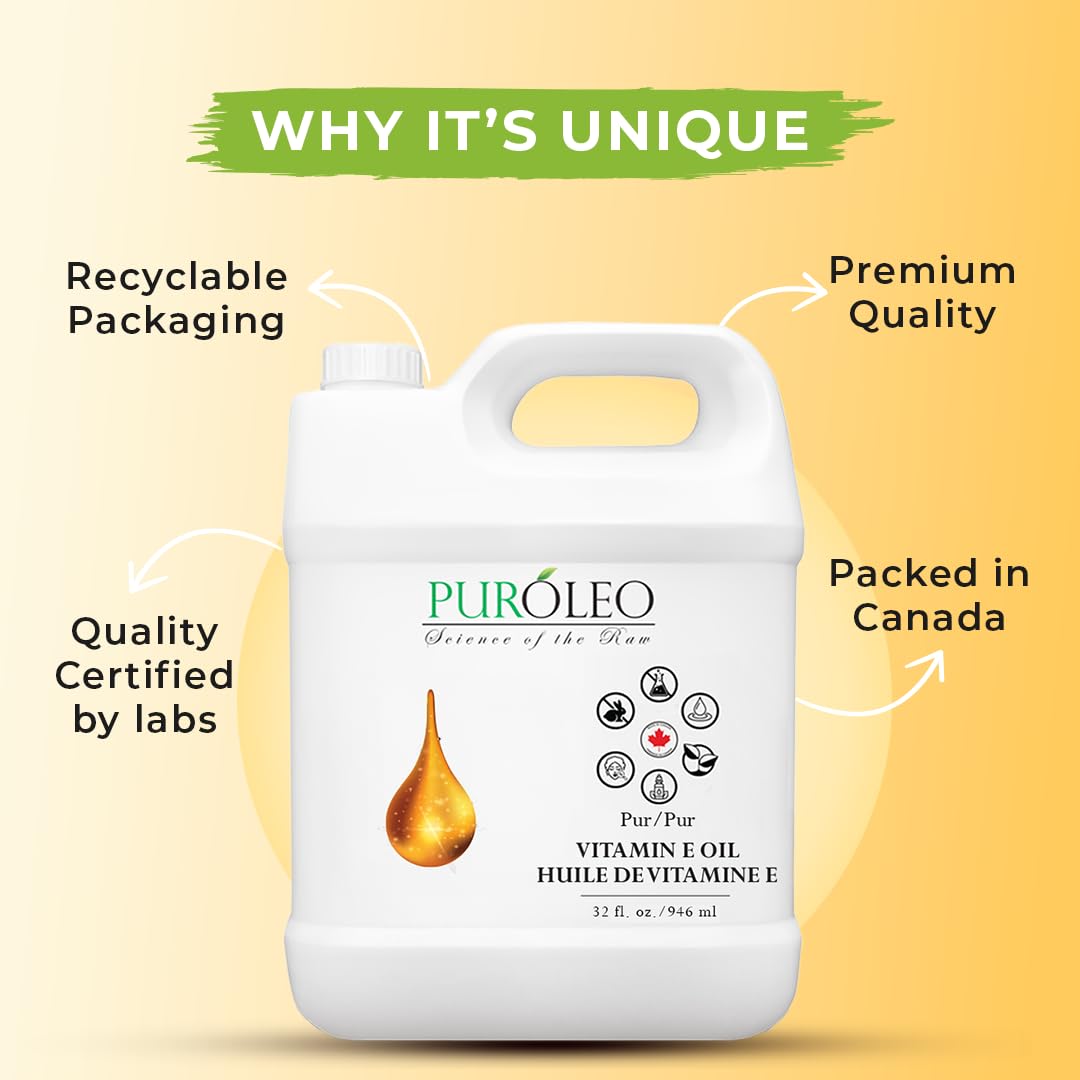 PUROLEO Vitamin E Oil 32 FL Oz/946 ML (Packed in Canada) For Skin Hair Face vitamins Liquid pure Vitamine Pure Oil Ideal for Sensitive vitamin e oil for skin vitamin e oil for face vitamin e oil for hair vitamin-e oil