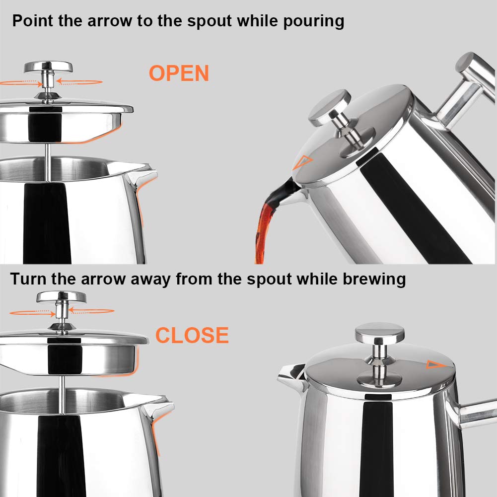 Secura French Press Coffee Maker, 17-Ounce, 304 Stainless Steel Insulated Coffee Press with Extra Screen