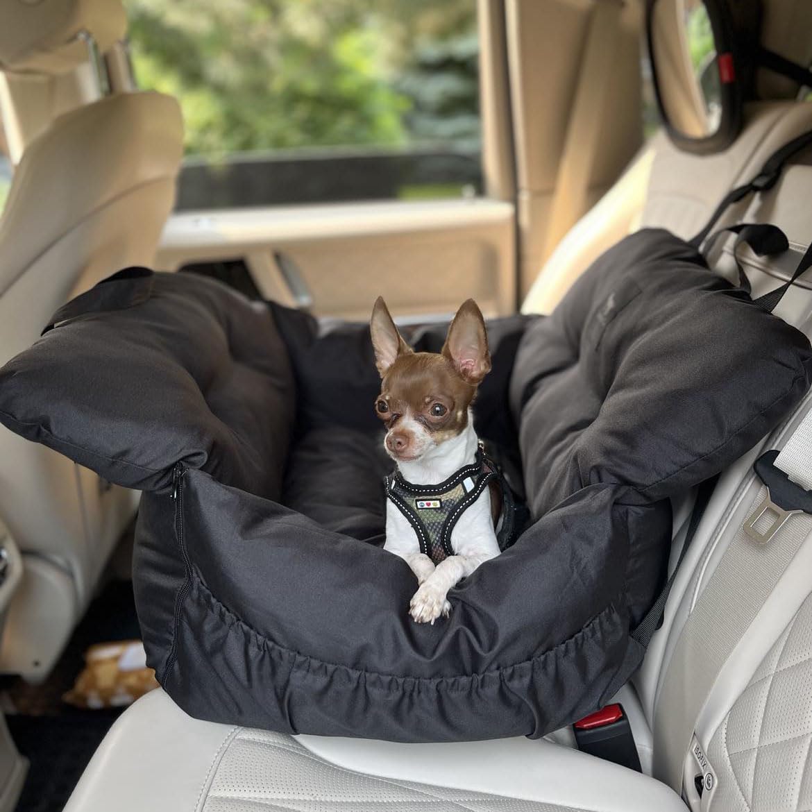 JACKO & CO - Premium Dog Car Seat Bed for Small & Medium Dogs, Soft Travel Bed & Carrier Bag for Pets, Puppies, Cats Front or Back Seat, Machine Washable & Water Resistant (Black, V1 Small (1-25lbs)