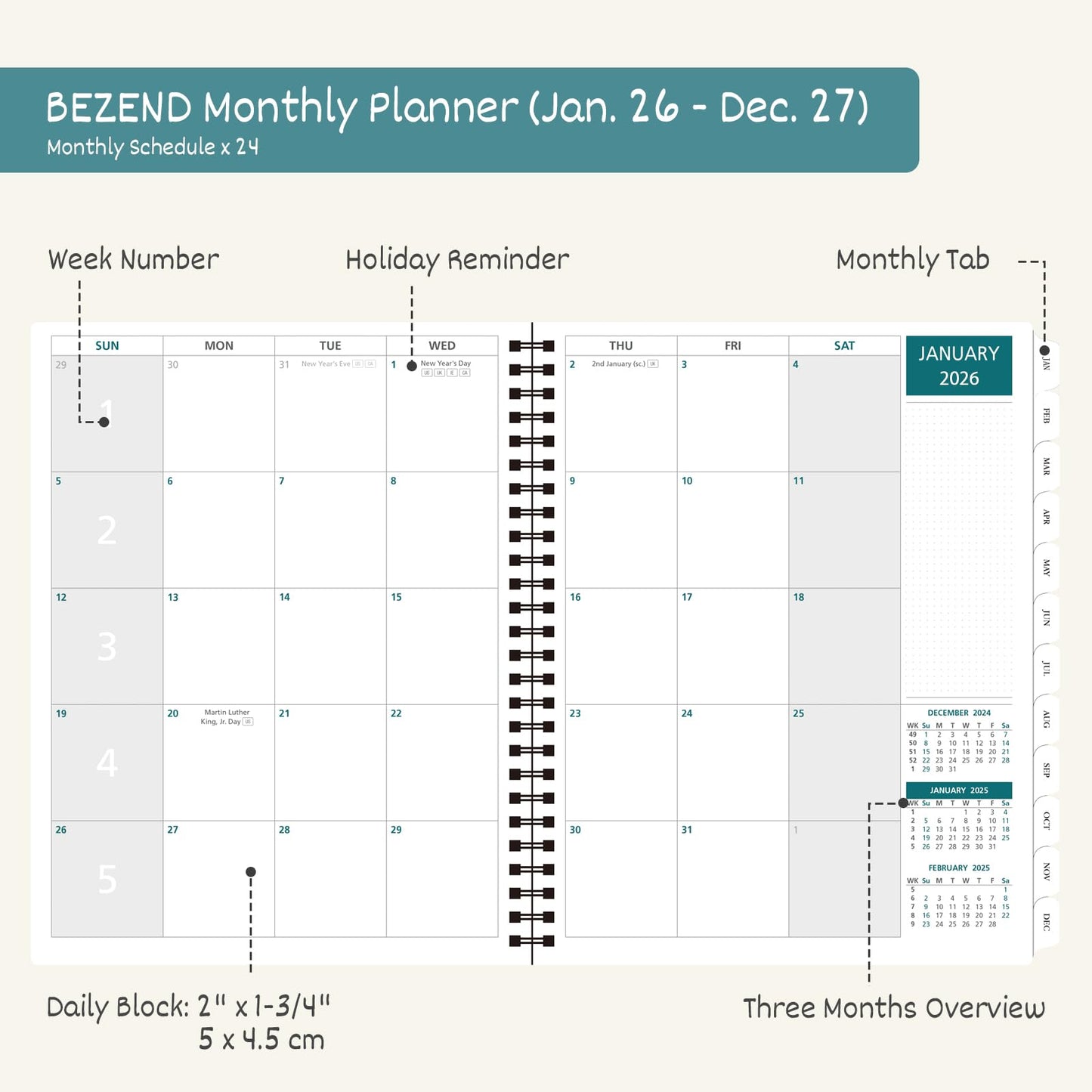 BEZEND Monthly Planner 2026-2027 (Spiral-8.5" x 11"), 2 Year Agenda with Note Pages -Jan 26 to Dec 27 Calendar with Laminated Tabs, 120 GSM Paper, Inner Pockets, Vegan Leather Softcover -Black