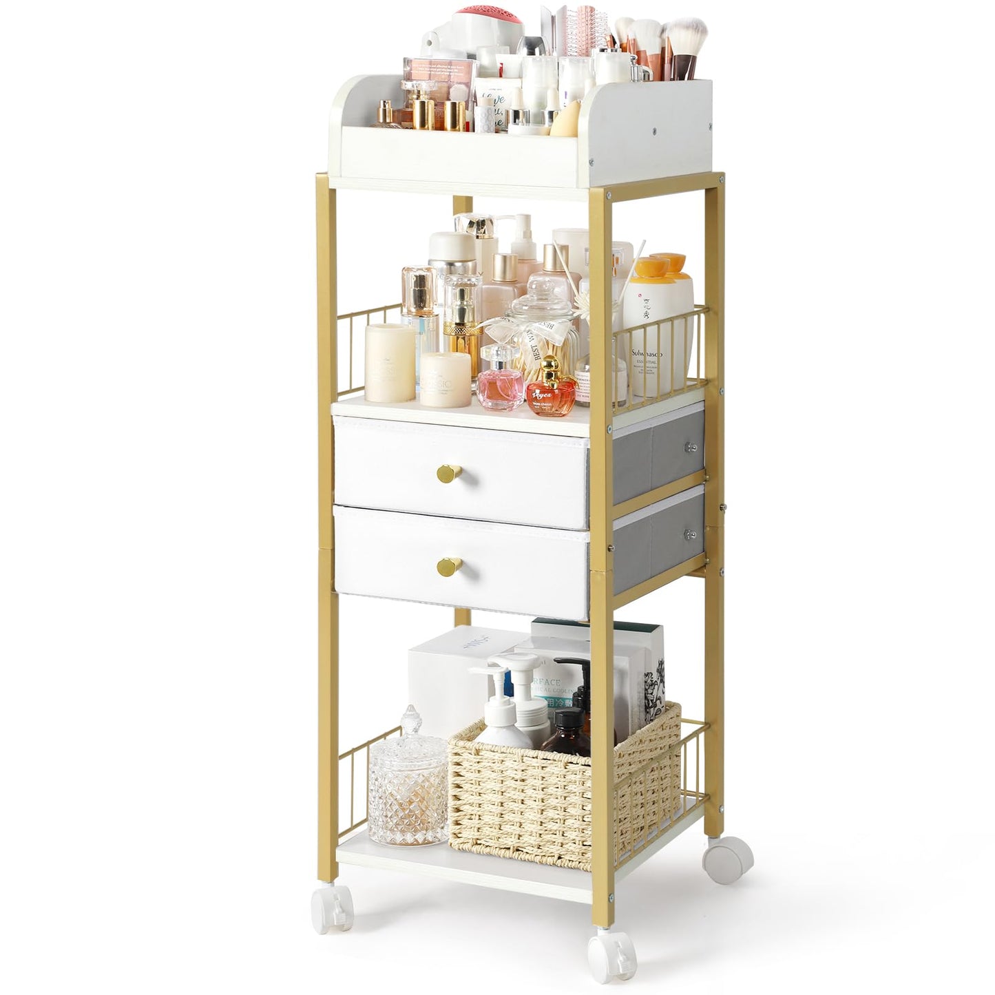 Makeup Organizer, Floor Skincare Organizers, Make Up Organizers and Storage with Drawers, Vanity Organizer Cosmetics Display Case Holder for Skin Care Nail Polish Perfume Makeup brush Hair Tool (Gold)