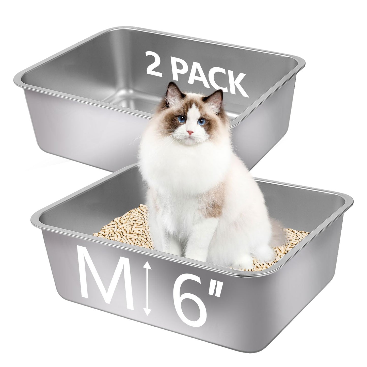 Wideotng 2Pcs Stainless Steel Cat Litter Box, Metal Kitty Litter Box with High Sides, Rust Proof Litter Tray Pan, Pet Toilet for Kitten Rabbit, Non Stick Non Odor, Easy to Clean, 17.5 x 13.5 x 6 in