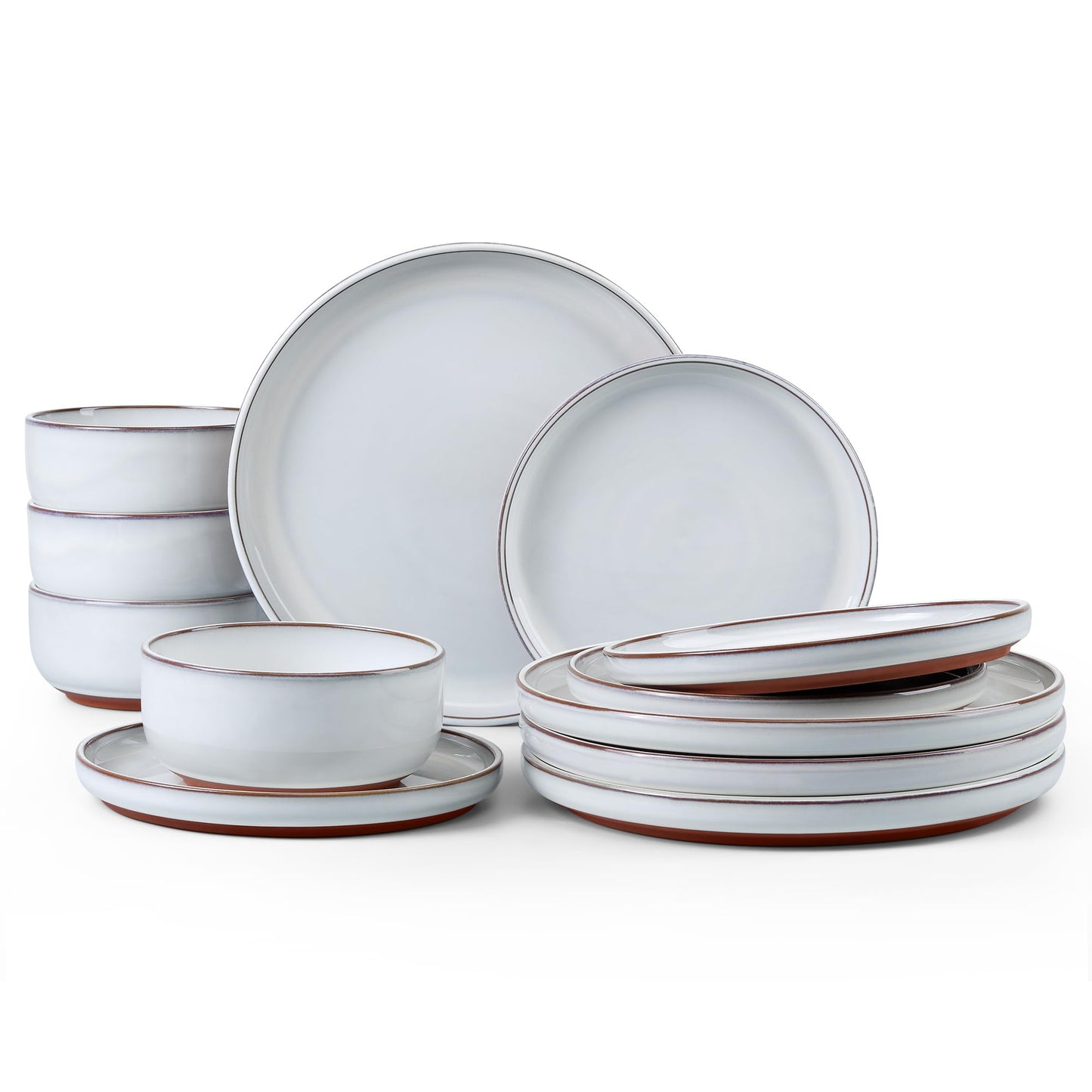 E-far Stoneware Dinnerware Sets for 4, 12 Pieces Reactive Glaze Plates and Bowls Sets, Elegant Dishes with Rustic Terracotta Base, Dishwasher & Microwave Safe, Scratch Resistant, Glacier White