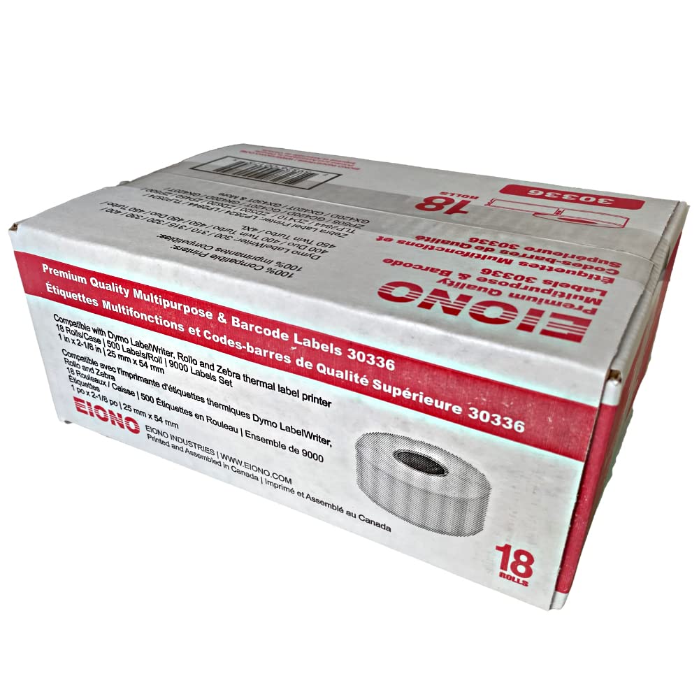EIONO® - [18 Rolls, 9000 Labels/ 500 Per Roll] Compatible with DYMO 30336 (1" x 2-1/8") Multipurpose & Barcode Labels - Compatible with Rollo, DYMO Labelwriter 450, 4XL & Zebra Desktop Printers
