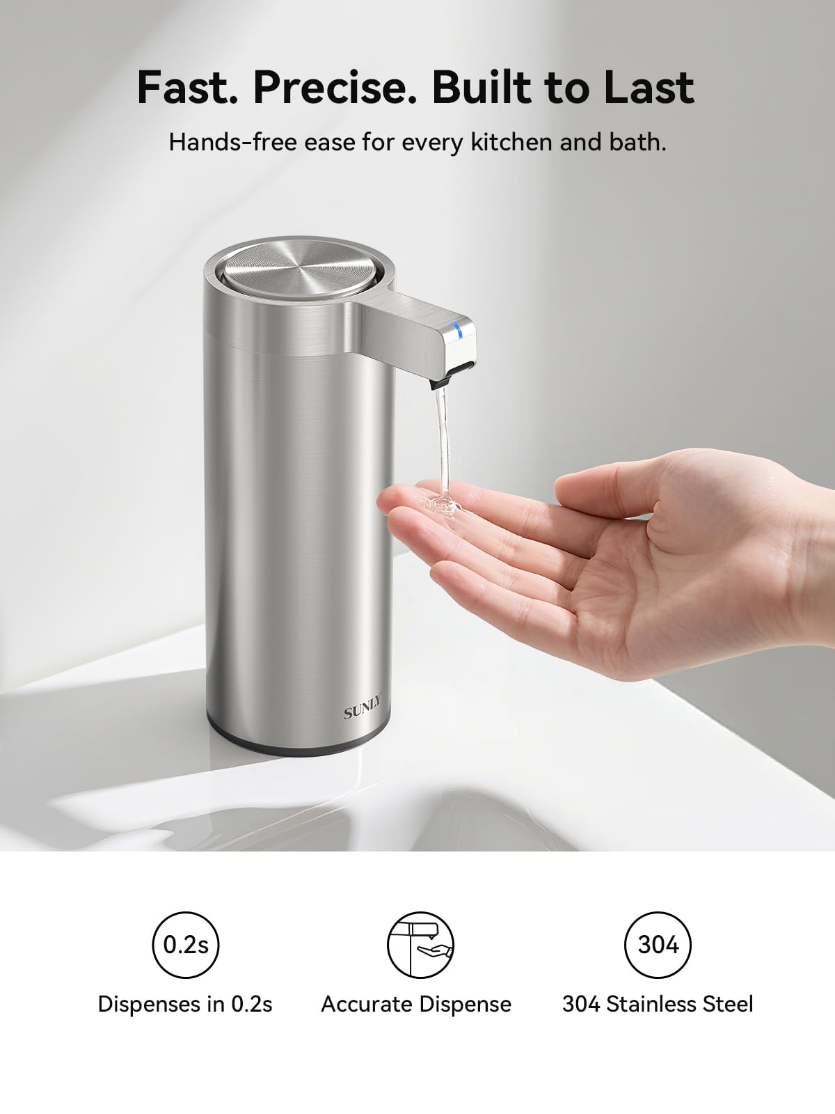 SUNLY Touchless Automatic Soap Dispenser – Clog-Free Pump, 0.2s Fast Sensor, USB-C Rechargeable, Smudge-Resistant Stainless Steel, for Kitchen & Bathroom Soap Dispenser, Satin Silver