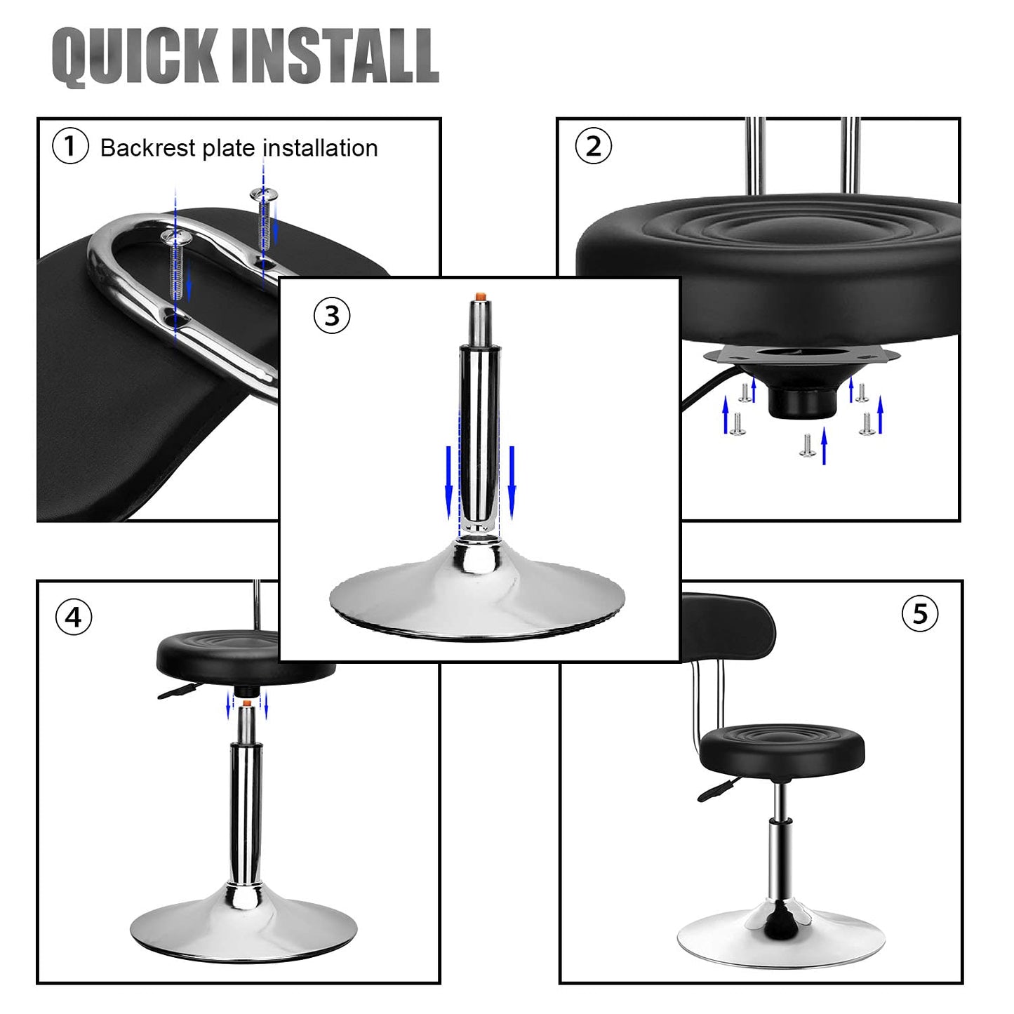 QiCheng&LYS PU Leather Round Office Stool Chair Adjustable Height Sit Stand 360° Swivel, for Office Home Kitchen Beauty Slip Wheelless Stool(Black with Backrest)