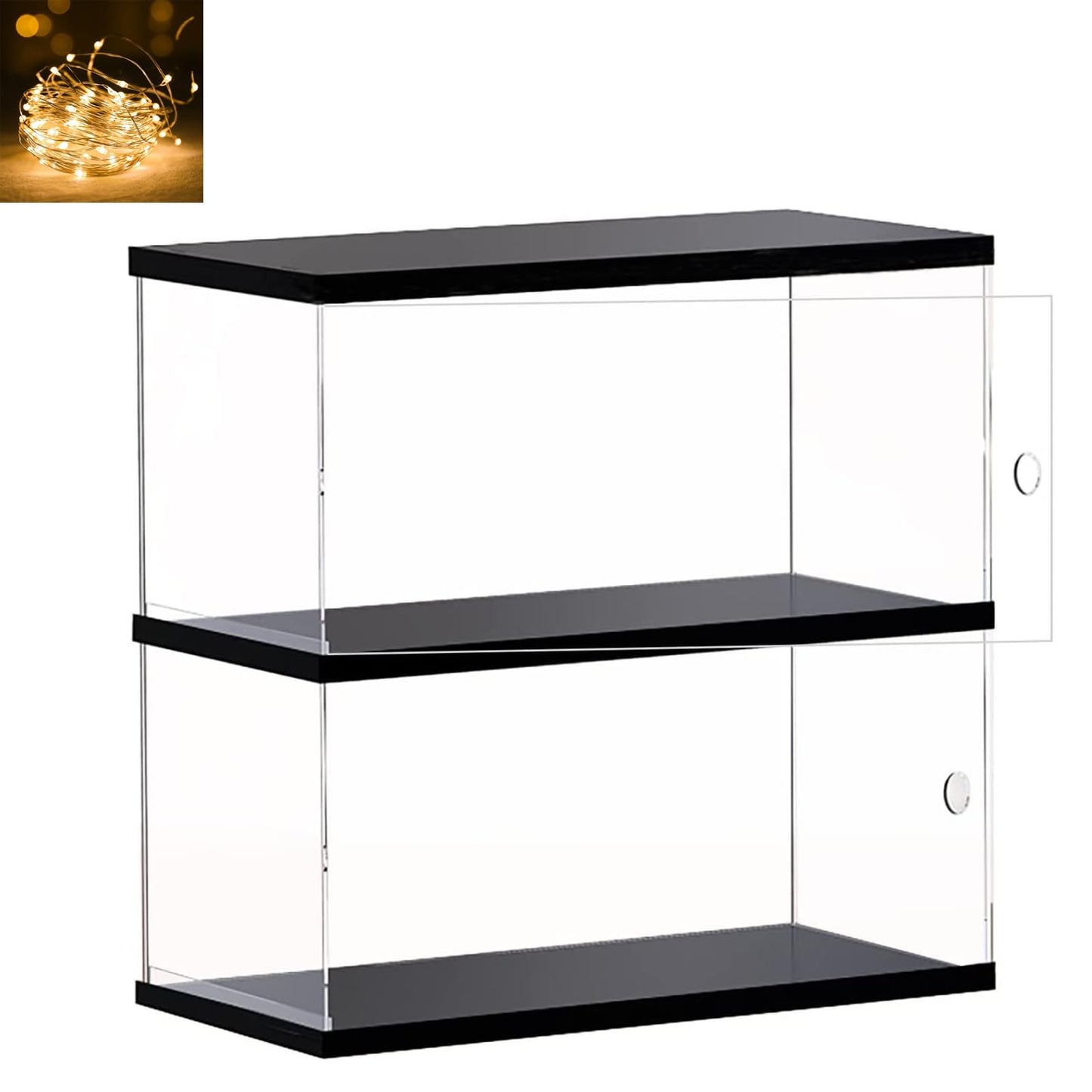 Clear Acrylic Display Case for Mini Funko Pop Figures with Light, 2 Layer Storage Cabinet Shelf Showcase for Toys Mini Figures Collectibles Rock Stone Crystals, Wooden Black Finish 26x12x29cm