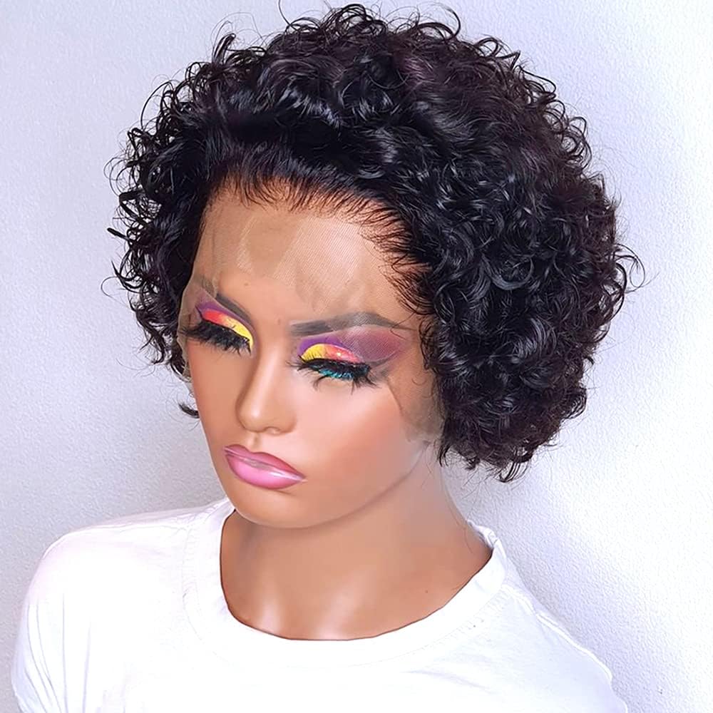 Fereowth Short Curly Lace Front Wigs Human Hair Wigs for Black Women Pixie Cut Wigs Human Hair Short Curly Human Hair Wigs Pre Plucked with Baby Hair 150% Density Natural Black
