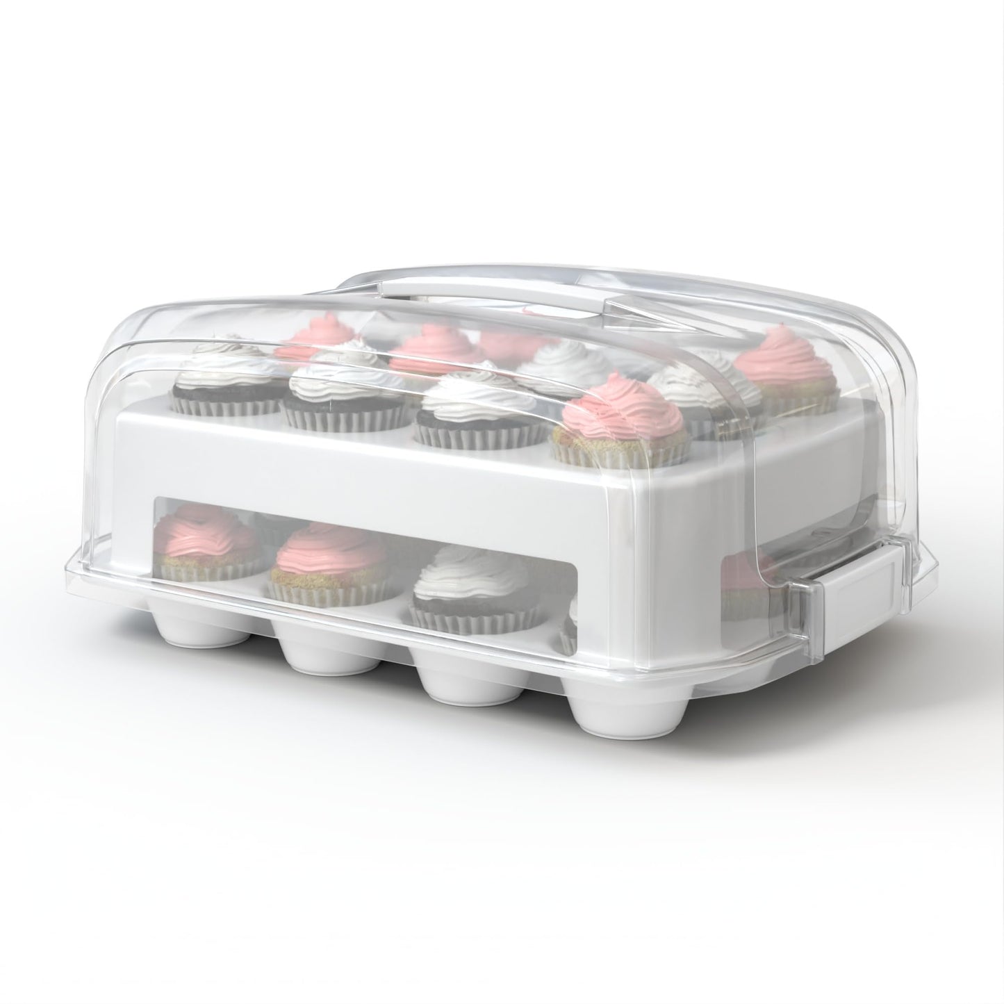 Top Shelf Elements Cupcake Carrier, Fashionable Green Cupcake Holder Carries 24 Standard-Size Cupcakes, Durable Muffin Traveler Two Tier Stand and Reusable Cupcake Box (White)