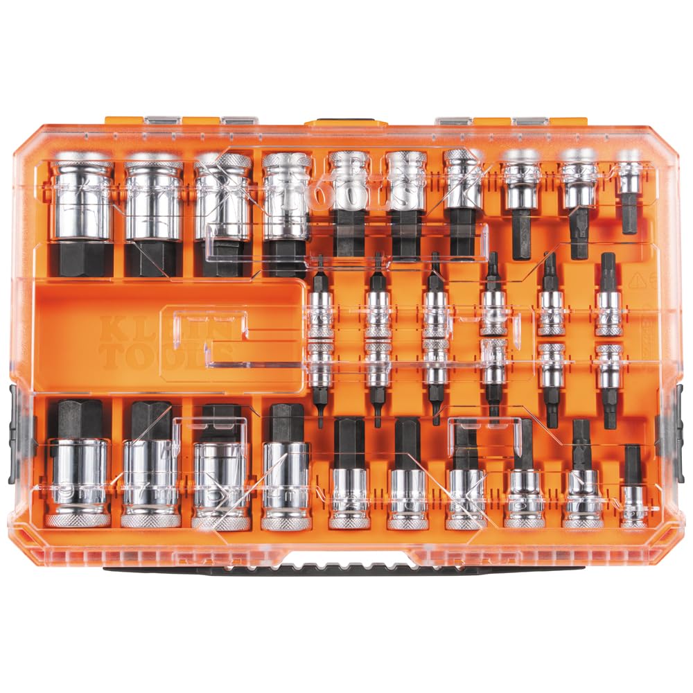 Klein Tools 65233HEX Hex Bit Socket Set, 1/4, 3/8, 1/2-Inch Drives, Knurled, SAE (5/64 to 3/4 inch) and Metric (2 to 19mm) with MODbox Case, 32-Piece