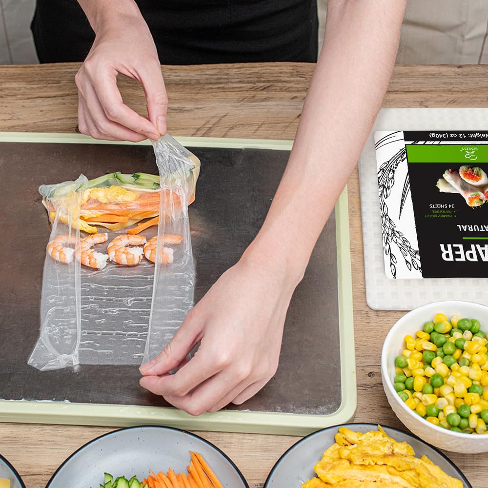 Soeos Rice Paper, White Rice Paper Wrappers, 3 Pack, 102 Sheets-Fresh Spring Roll Wrappers & Dumplings, Non-GMO, Gluten-Free, Low Carb, Vietnamese Rice Wraps (Square, 22cm)