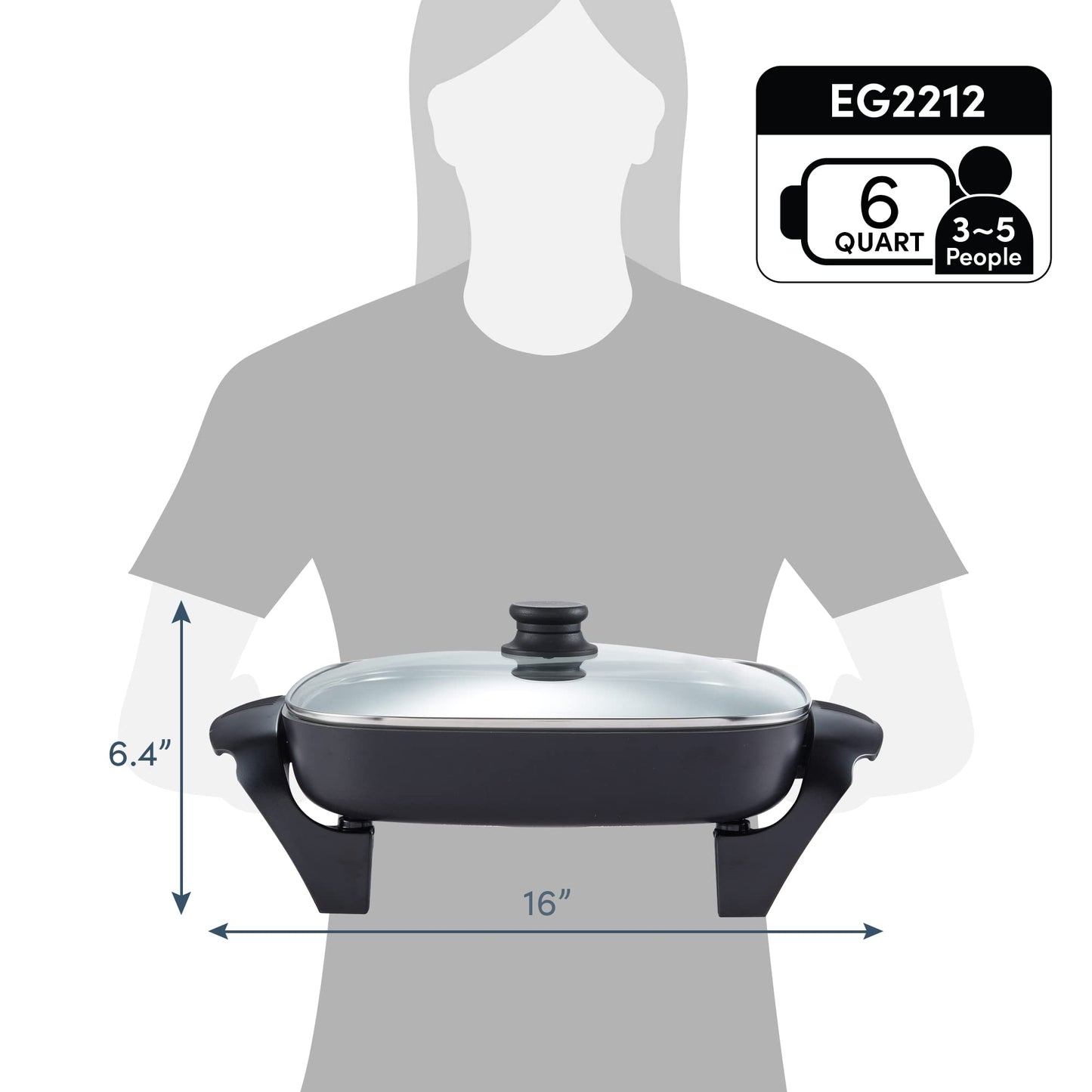 Elite Gourmet 12"x12"x2.15” Ceralast PFAS Free Ceramic Electric Skillet, Dishwasher Safe, Rapid Heat Up, 1200W, Dark Grey