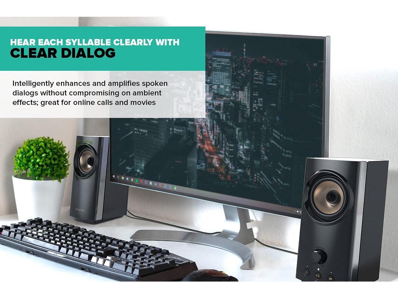 Creative T60 2.0 Compact Hi-Fi Desktop Speakers with Clear Dialog and Surround by Sound Blaster, USB-C Audio, Mic and Headset Ports, Bluetooth 5.0, Up to 60W Peak Power, for Computers and Laptops