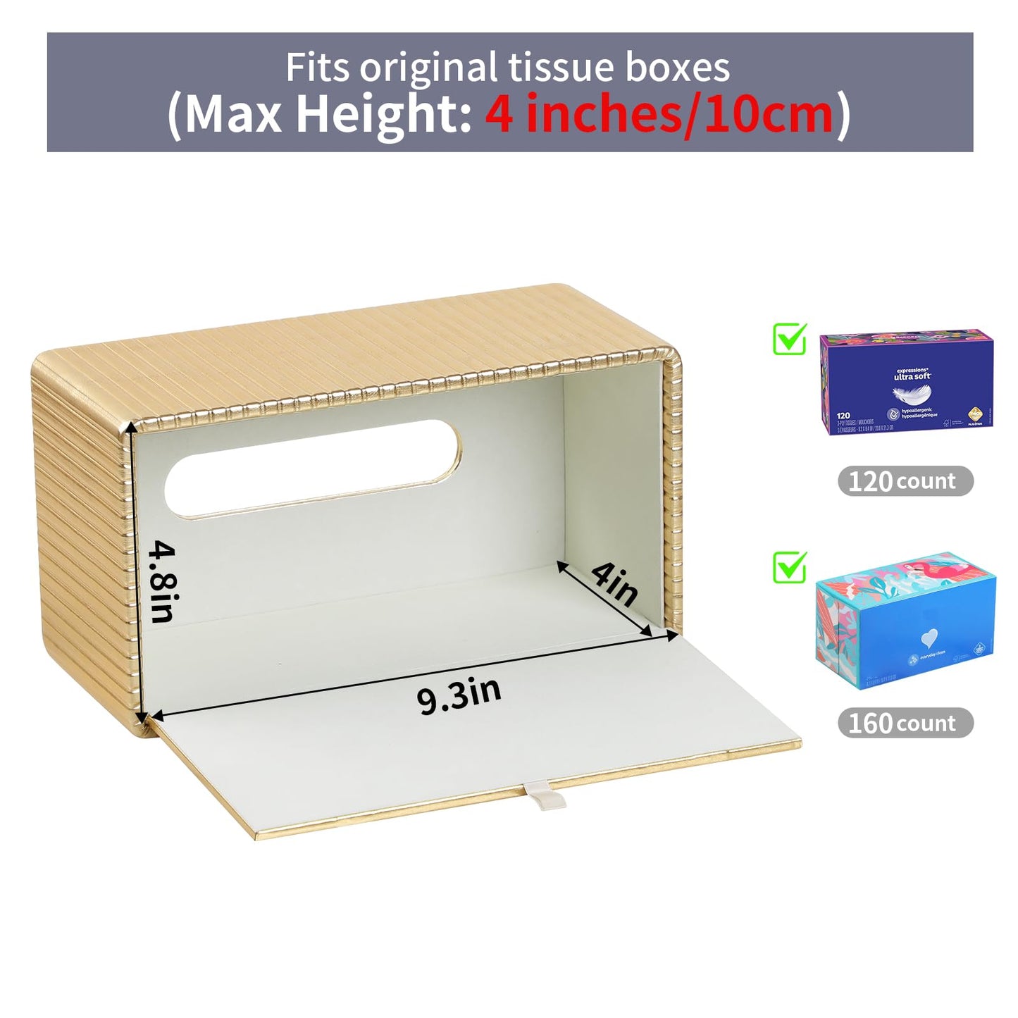 MEIBOOCH PU Leather Tissue Box Cover Square, Cube Tissue Box Holder with Magnetic Closure, Decorative Tissue Holder for Bathroom Bedroom Office (Gold, Rectangle Height of 4 in)