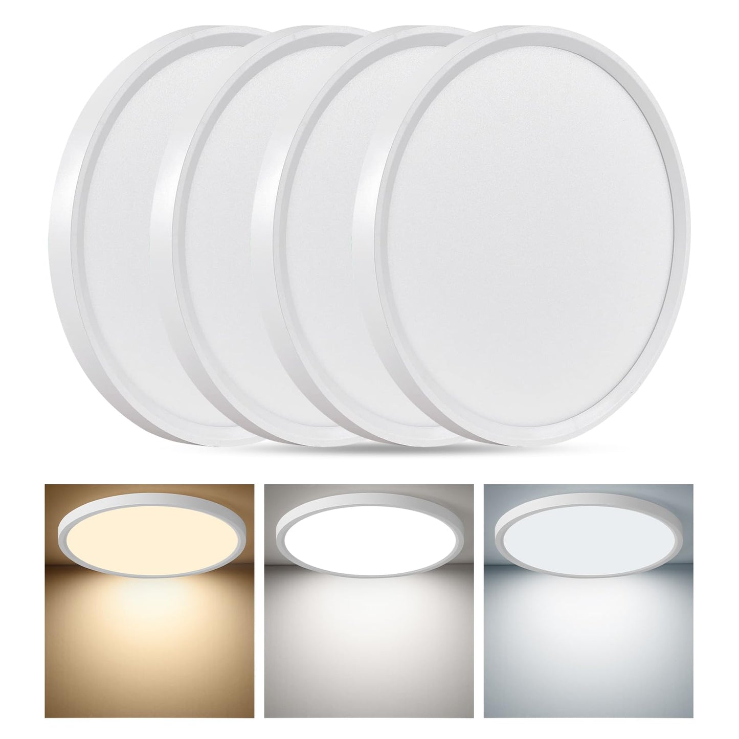 4PK 12Inch LED Flush Mount Ceiling Light, 24W, 2520LM, 3000K/4000K/6000K CCT Selectable, 0.9inch Super Slim LED Ceiling Light Fixture, Low Profile Round Flat Panel Light for Bedroom,Kitchen,Hallway