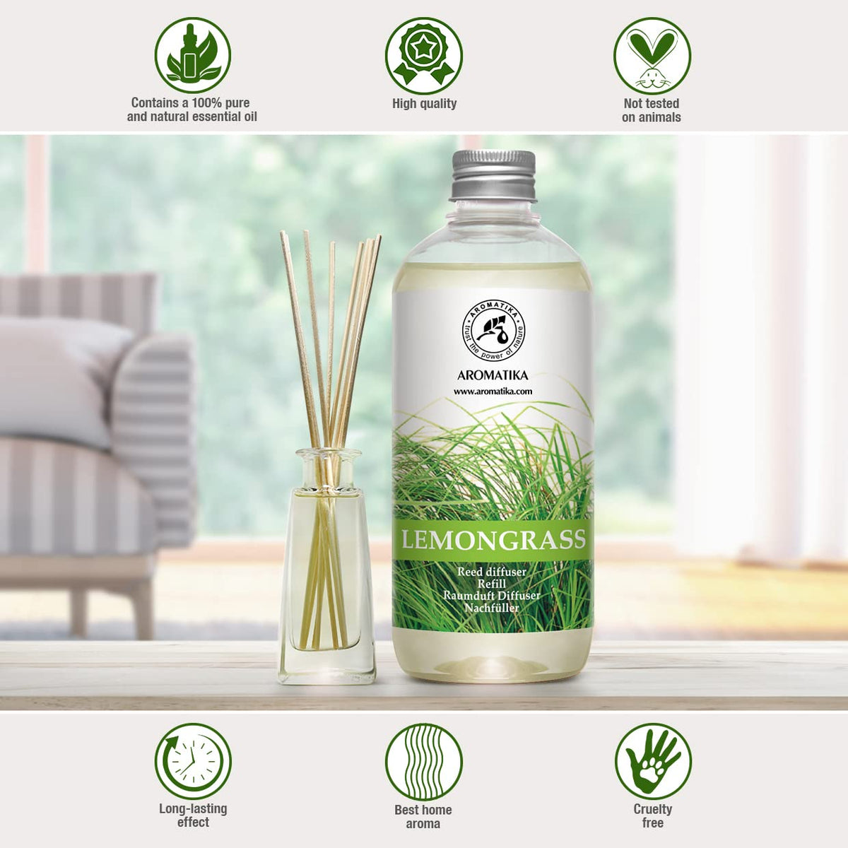 Lemongrass Diffuser Refill 1000ml (2 x 500ml) - Fresh & Long Lasting Fragrance - Refill Bottle with Natural Pure Essential Lemongrass Oil - Scented Reed Diffuser Oil - Aromatherapy - Spa - Kitchen