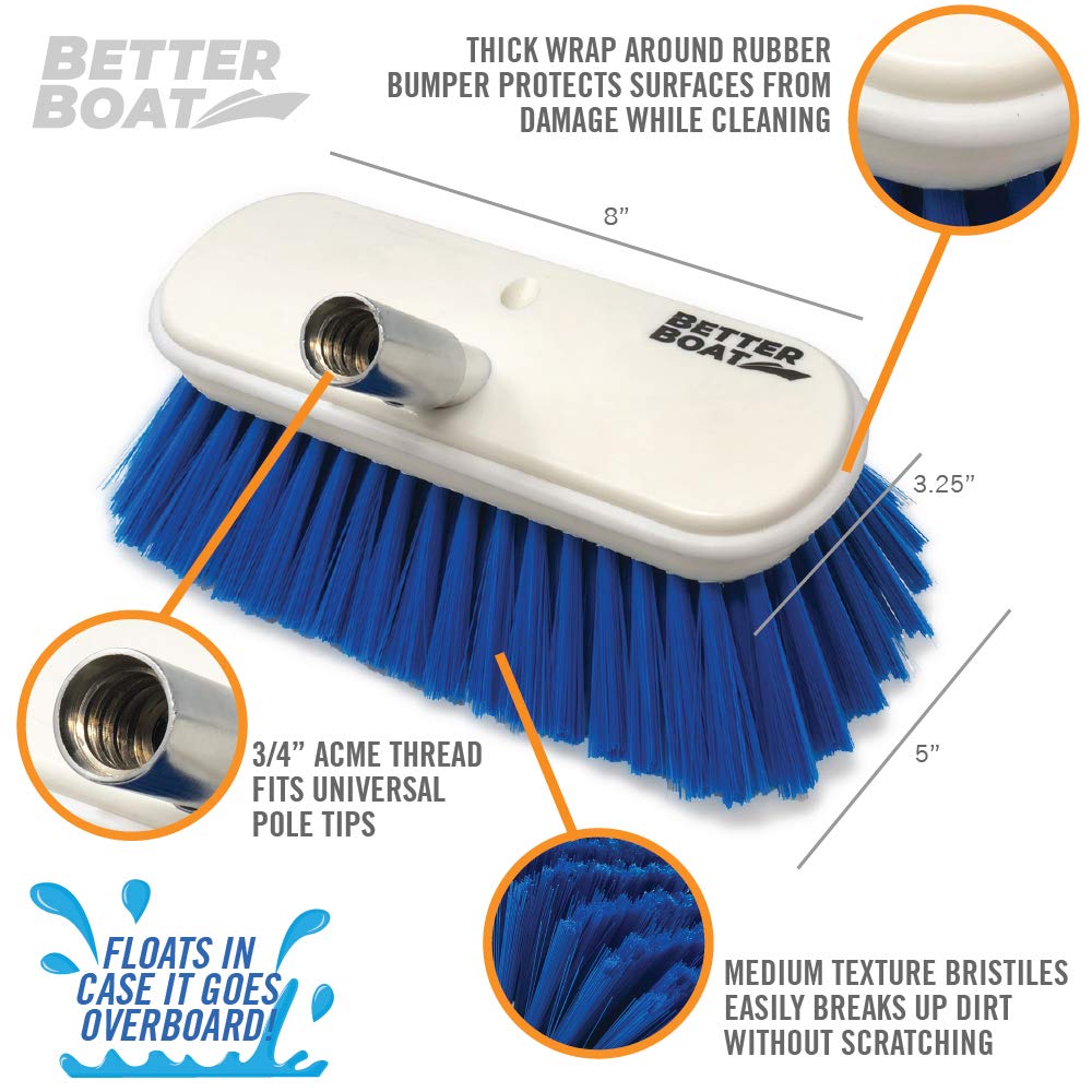 Medium Boat Deck Brush, Heavy-Duty Marine Brush Head, 8" Bristle with Bumper, 3/4" Thread Handle, for RV, Truck, and Auto Cleaning
