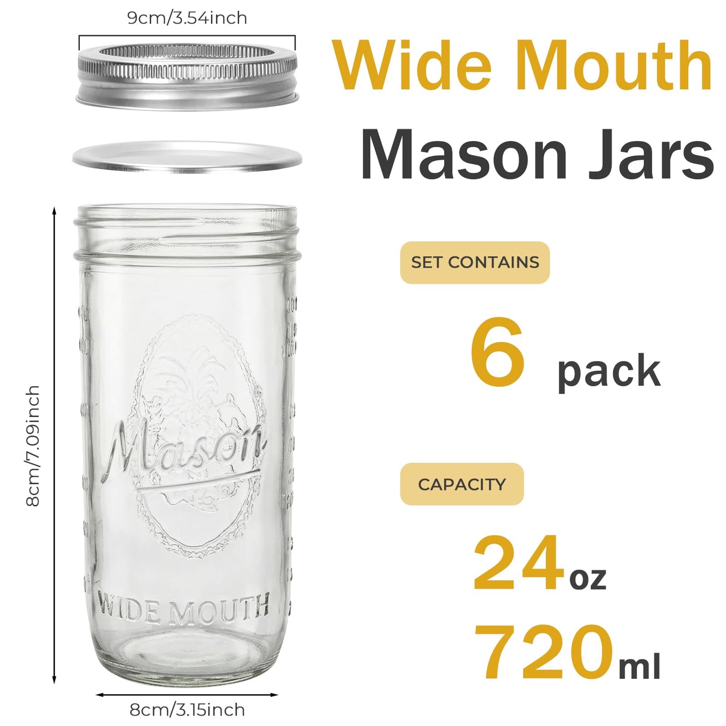 Wide Mouth 24 oz Mason Jars with Lids and Bands, 6 Pack Glass Canning Jars for Pickling,Jam Preserving,Food Storage