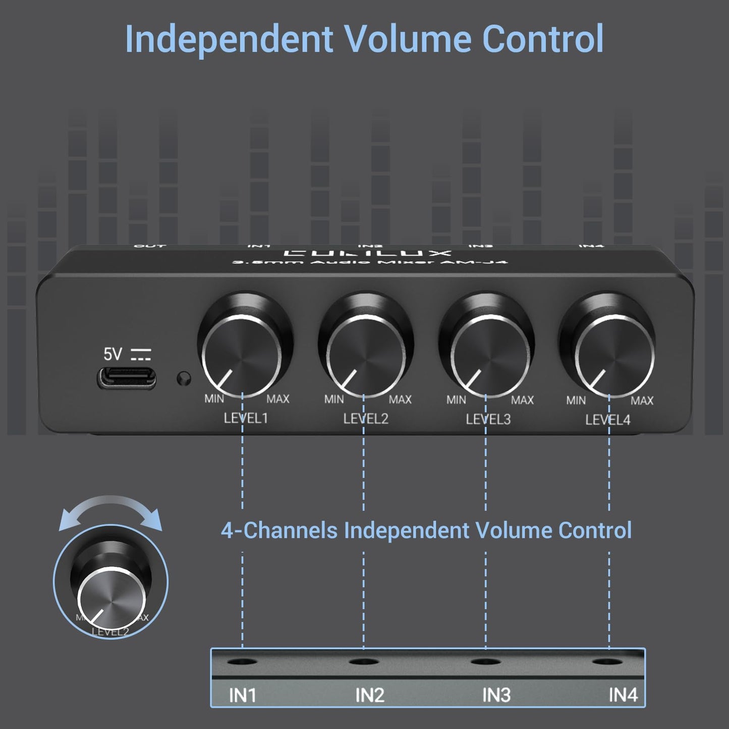 Cubilux 4-Channel 3.5mm Audio Mixer, Ultra-Low-Noise Mini Audio Mixer for Sub-Mixing, 1/8” 4 Channel Audio Switcher DC 5V, Suitable for Smartphone Audio System, Guitars, Bass, Keyboards