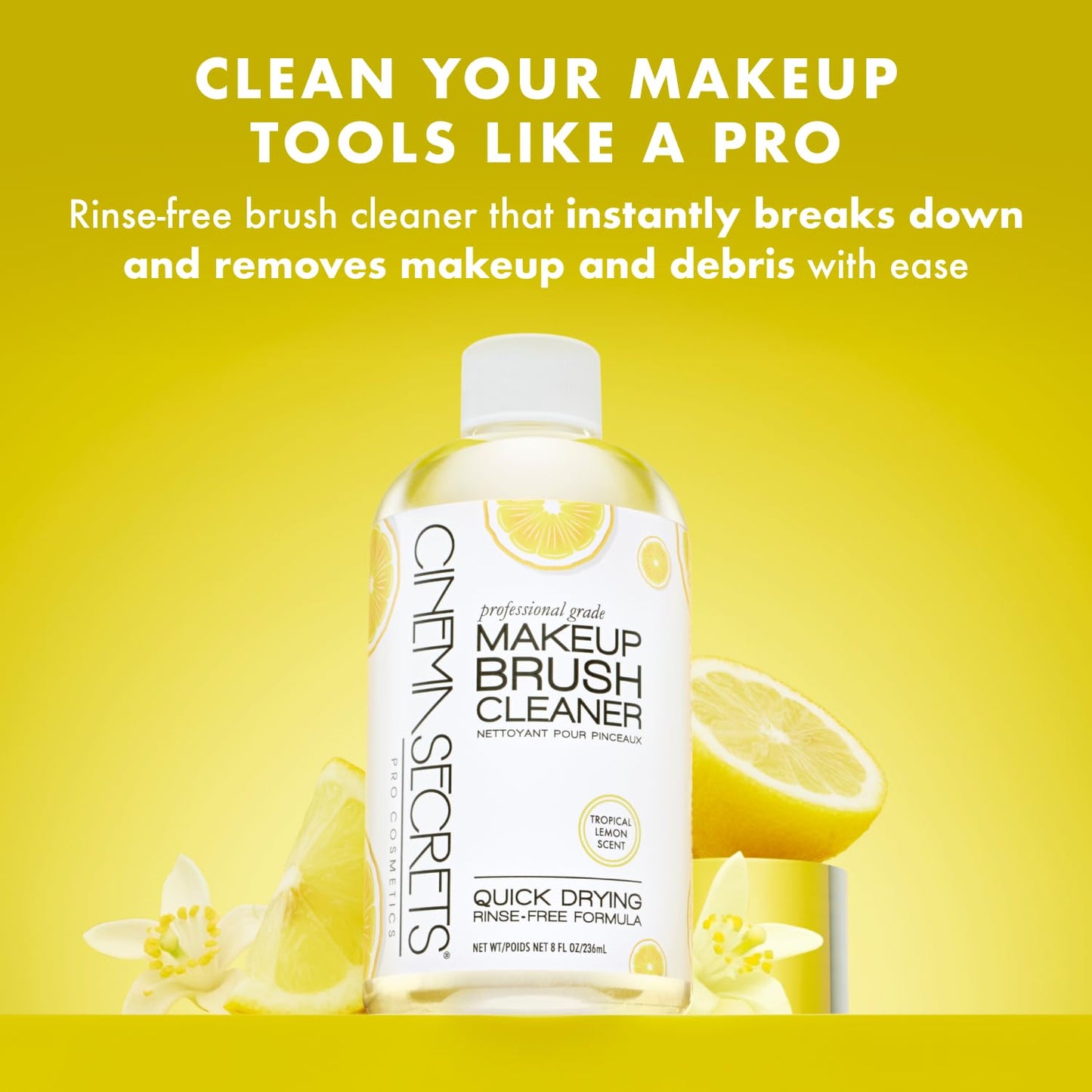 Cinema Secrets Original Makeup Brush Cleaner Solution - Professional Cleanser for Makeup Brushes - Quick-Drying, Rinse-Free Formula - Removes Stubborn Waterproof Make Up - Lemon (32 fl oz)
