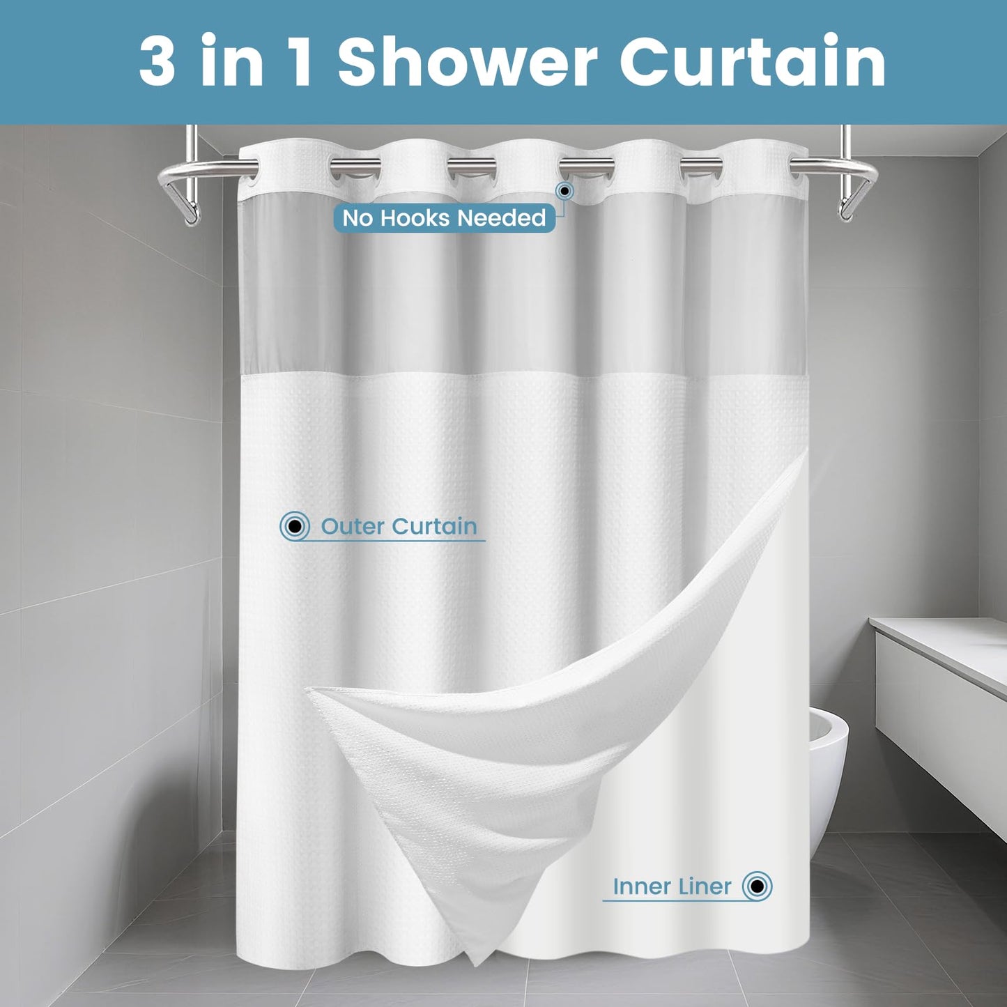 No Hook Shower Curtain with Snap in Fabric Liner- Hotel Style Waffle Weave Shower Curtains with See Through Top Window for Bathroom, Waterproof & Washable, White, 71" W x 74" L