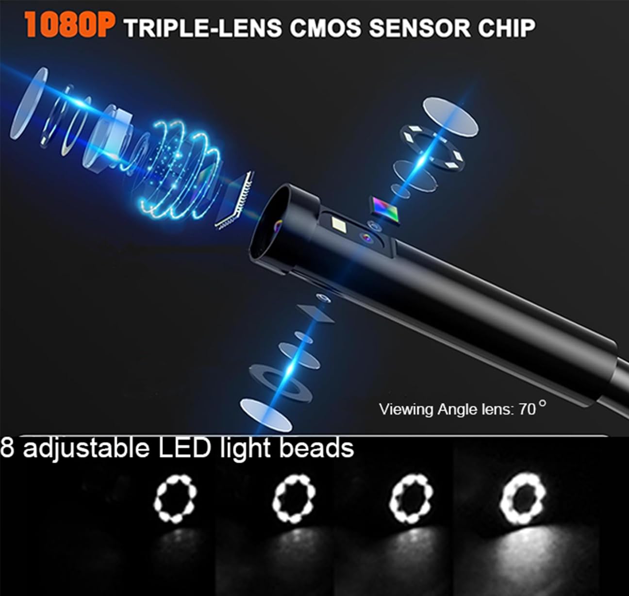 Triple Lens Inspection Camera 32FT, 5'' IPS Screen 1080P HD 8mm Endoscope Inspection Camera with Lights, Waterproof Drainage Borescope for Sewer Pipe Plumbing Snake Semi-Rigid Cable