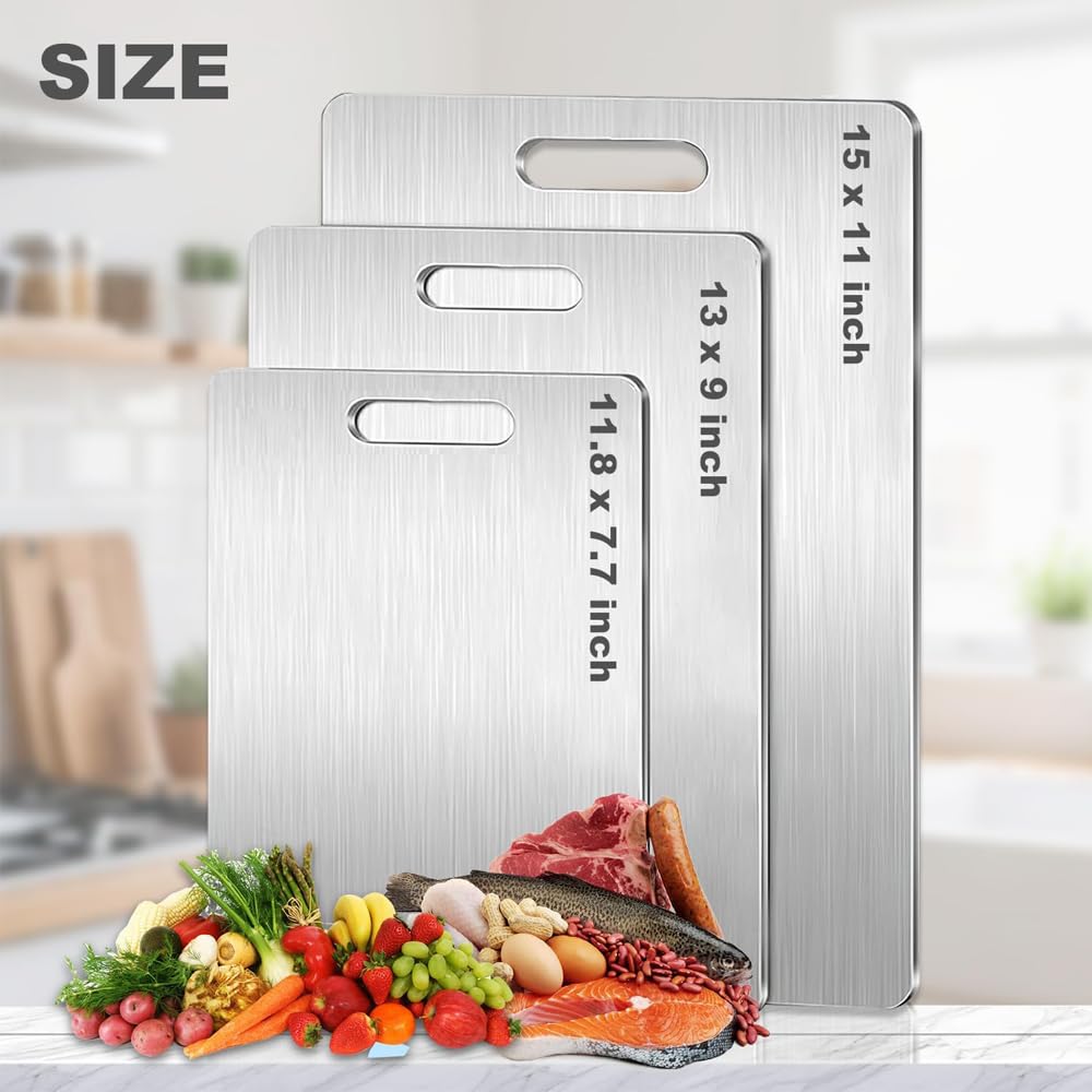 3 PCS Stainless Steel Cutting Board, 304 Stainless Cutting Boards for Kitchen,Non Toxic, Thick Cutting Board for Home Kitchen Cooking(15.3 x 11, 13.4 x 9, 11.8 x 7.9 in)